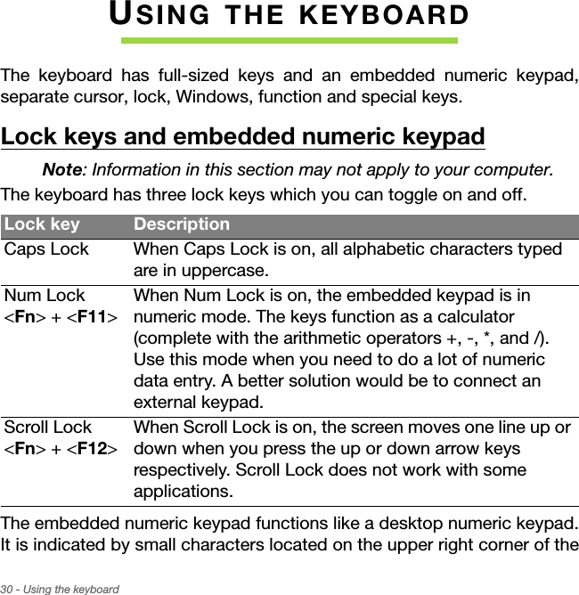 30 - Using the keyboardUSING THE KEYBOARDThe keyboard has full-sized keys and an embedded numeric keypad, separate cursor, lock, Windows, function and special keys.Lock keys and embedded numeric keypadNote: Information in this section may not apply to your computer.The keyboard has three lock keys which you can toggle on and off.The embedded numeric keypad functions like a desktop numeric keypad. It is indicated by small characters located on the upper right corner of the Lock key DescriptionCaps Lock When Caps Lock is on, all alphabetic characters typed are in uppercase.Num Lock  &lt;Fn&gt; + &lt;F11&gt;When Num Lock is on, the embedded keypad is in numeric mode. The keys function as a calculator (complete with the arithmetic operators +, -, *, and /). Use this mode when you need to do a lot of numeric data entry. A better solution would be to connect an external keypad.Scroll Lock  &lt;Fn&gt; + &lt;F12&gt;When Scroll Lock is on, the screen moves one line up or down when you press the up or down arrow keys respectively. Scroll Lock does not work with some applications.   