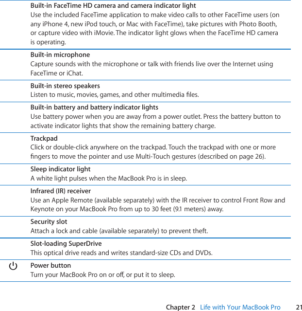 21Chapter 2   Life with Your MacBook ProBuilt-in FaceTime HD camera and camera indicator lightUsetheincludedFaceTimeapplicationtomakevideocallstootherFaceTimeusers(onanyiPhone4,newiPodtouch,orMacwithFaceTime),takepictureswithPhotoBooth,orcapturevideowithiMovie.TheindicatorlightglowswhentheFaceTimeHDcameraisoperating.Built-in microphoneCapturesoundswiththemicrophoneortalkwithfriendsliveovertheInternetusingFaceTimeoriChat.Built-in stereo speakersListentomusic,movies,games,andothermultimediales.Built-in battery and battery indicator lightsUsebatterypowerwhenyouareawayfromapoweroutlet.Pressthebatterybuttontoactivateindicatorlightsthatshowtheremainingbatterycharge.TrackpadClickordouble-clickanywhereonthetrackpad.TouchthetrackpadwithoneormorengerstomovethepointeranduseMulti-Touchgestures(describedonpage26).Sleep indicator lightAwhitelightpulseswhentheMacBookProisinsleep.Infrared (IR) receiverUseanAppleRemote(availableseparately)withtheIRreceivertocontrolFrontRowandKeynoteonyourMacBookProfromupto30feet(9.1meters)away.Security slotAttachalockandcable(availableseparately)topreventtheft.Slot-loading SuperDriveThisopticaldrivereadsandwritesstandard-sizeCDsandDVDs.®Power buttonTurnyourMacBookProonoro,orputittosleep.