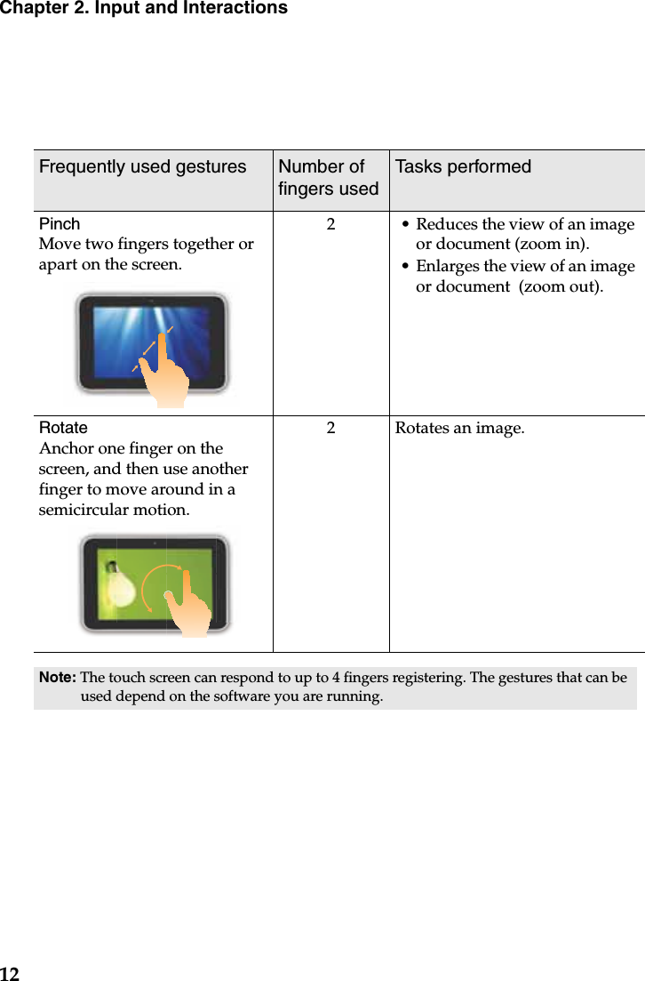 12Chapter 2. Input and InteractionsFrequently used gestures Number of fingers usedTasks performedPinchMove two fingers together or apart on the screen.2 • Reduces the view of an image or document (zoom in).• Enlarges the view of an image or document  (zoom out).RotateAnchor one finger on the screen, and then use another finger to move around in a semicircular motion.2 Rotates an image.Note: The touch screen can respond to up to 4 fingers registering. The gestures that can be used depend on the software you are running.