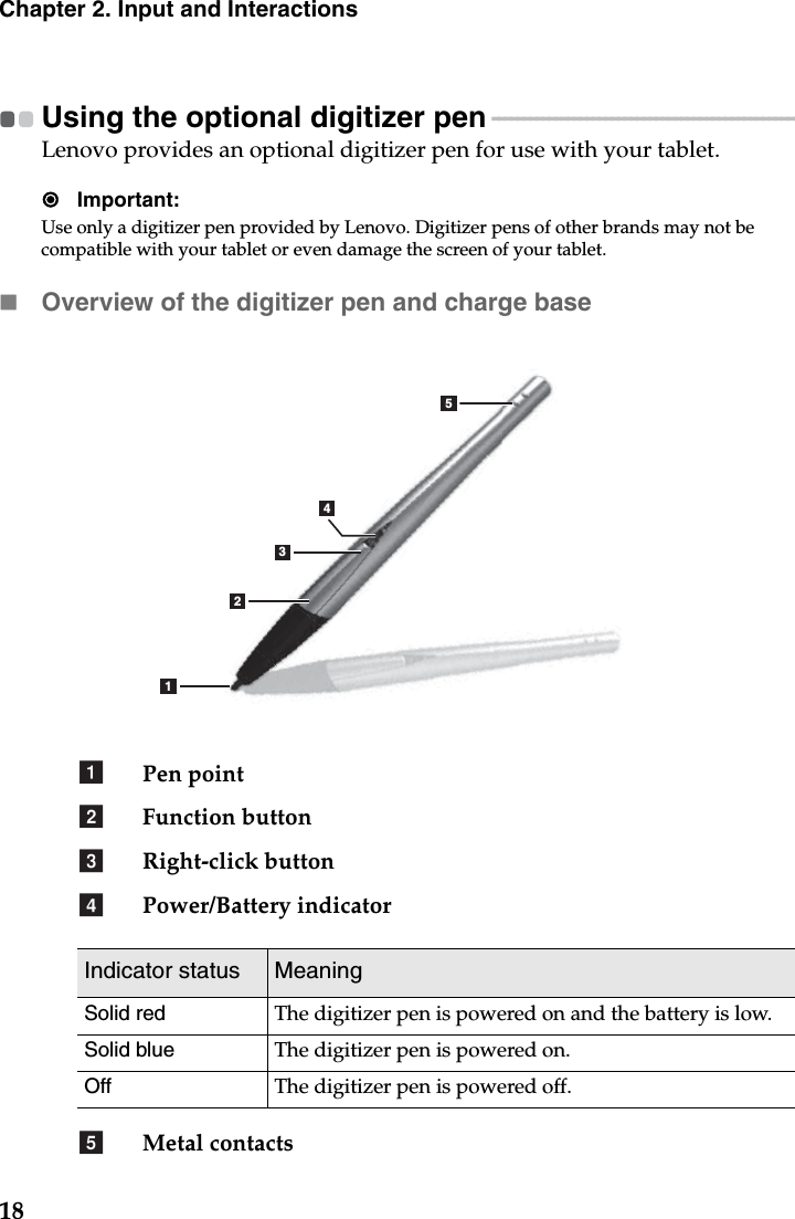 18Chapter 2. Input and InteractionsUsing the optional digitizer pen - - - - - - - - - - - - - - - - - - - - - - - - - - - - - - - - - - - - - - - - - - - - - - - - - - - Lenovo provides an optional digitizer pen for use with your tablet.Important:Use only a digitizer pen provided by Lenovo. Digitizer pens of other brands may not be compatible with your tablet or even damage the screen of your tablet.Overview of the digitizer pen and charge basePen pointFunction buttonRight-click buttonPower/Battery indicatorMetal contactsIndicator status MeaningSolid red The digitizer pen is powered on and the battery is low.Solid blue The digitizer pen is powered on.Off The digitizer pen is powered off.12345abcde