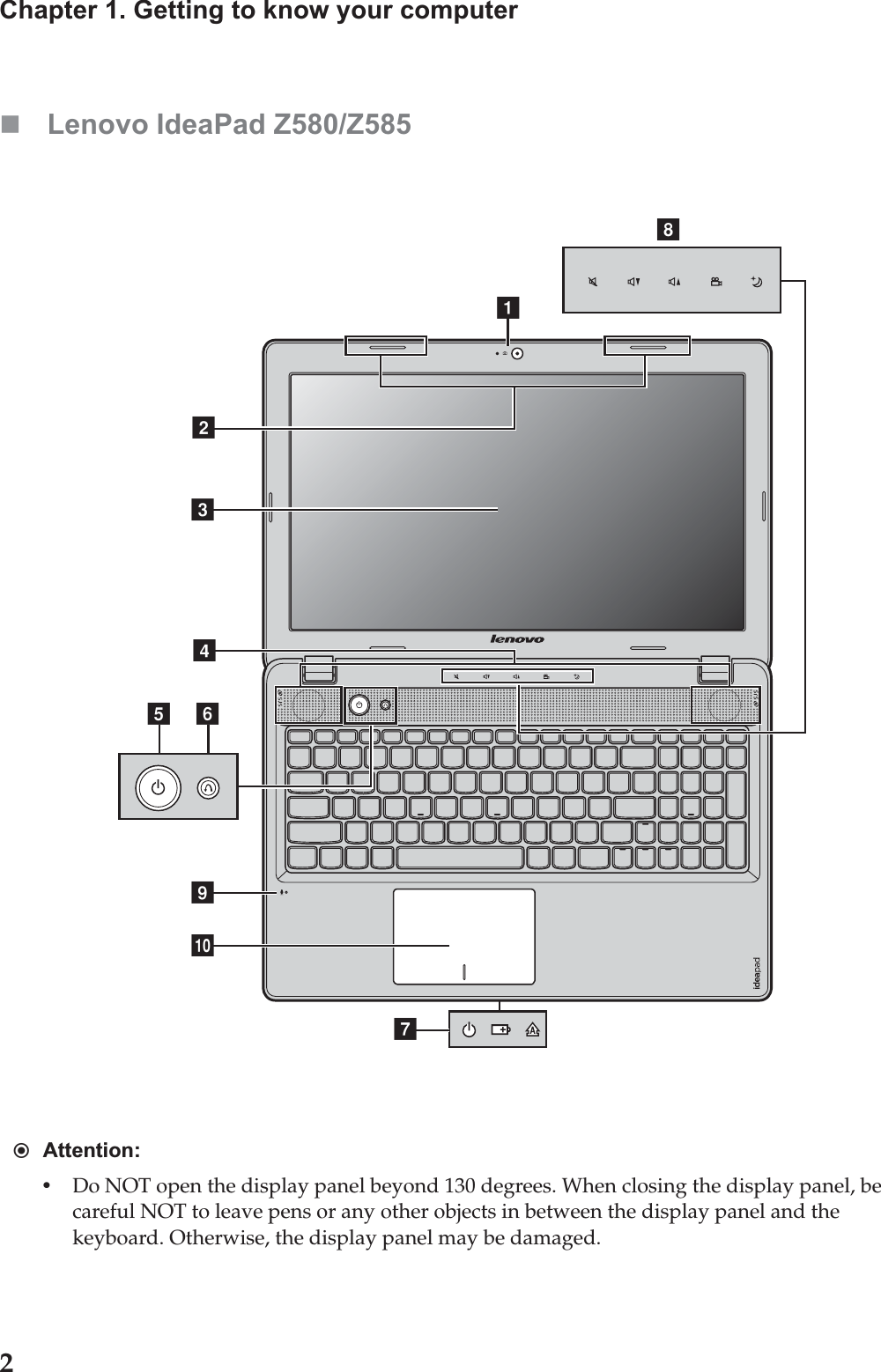 2Chapter 1. Getting to know your computerLenovo IdeaPad Z580/Z585Attention:•Do NOT open the display panel beyond 130 degrees. When closing the display panel, be careful NOT to leave pens or any other objects in between the display panel and the keyboard. Otherwise, the display panel may be damaged.gabcdijfeh