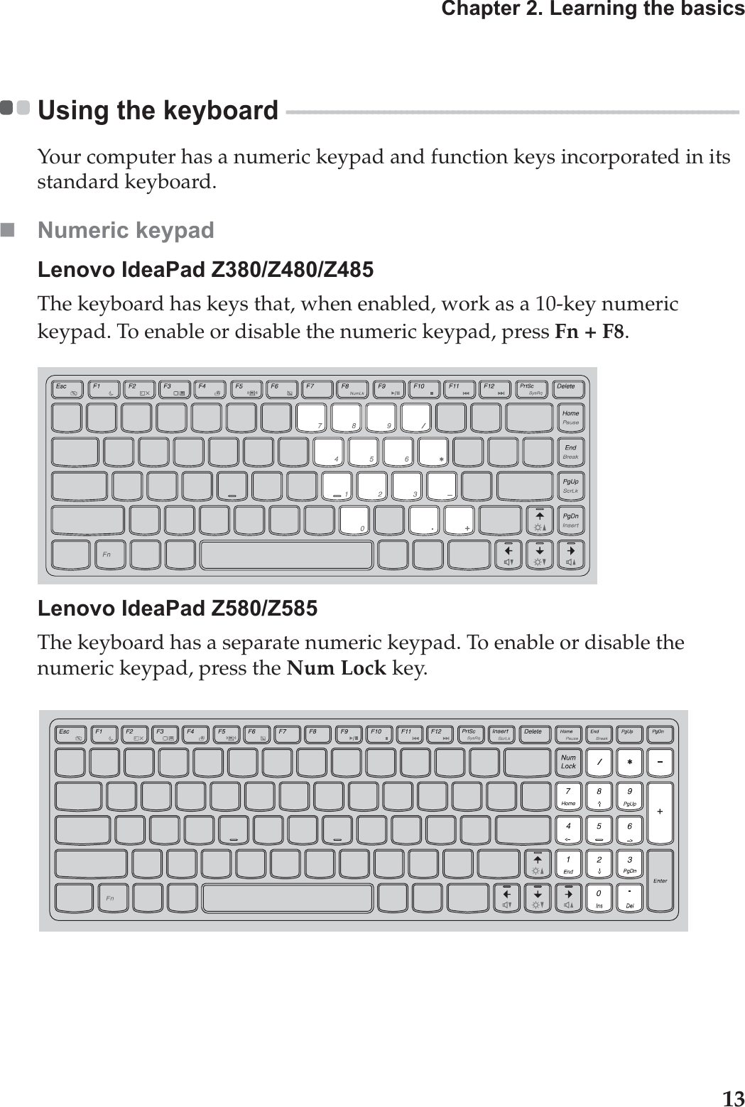 Chapter 2. Learning the basics13Using the keyboard  - - - - - - - - - - - - - - - - - - - - - - - - - - - - - - - - - - - - - - - - - - - - - - - - - - - - - - - - - - - - - - - - - - - - - - - - - - - - - - - Your computer has a numeric keypad and function keys incorporated in its standard keyboard.Numeric keypadLenovo IdeaPad Z380/Z480/Z485The keyboard has keys that, when enabled, work as a 10-key numerickeypad. To enable or disable the numeric keypad, press Fn + F8.Lenovo IdeaPad Z580/Z585The keyboard has a separate numeric keypad. To enable or disable the numeric keypad, press the Num Lock key.