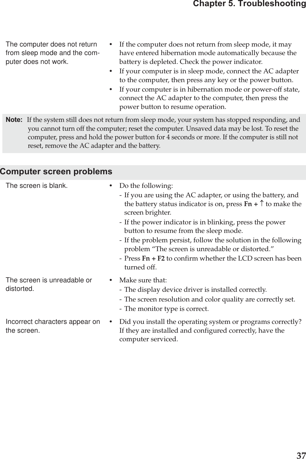 Chapter 5. Troubleshooting37The computer does not return from sleep mode and the com-puter does not work. •If the computer does not return from sleep mode, it may have entered hibernation mode automatically because the battery is depleted. Check the power indicator. •If your computer is in sleep mode, connect the AC adapter to the computer, then press any key or the power button.•If your computer is in hibernation mode or power-off state, connect the AC adapter to the computer, then press the power button to resume operation.Note: If the system still does not return from sleep mode, your system has stopped responding, and you cannot turn off the computer; reset the computer. Unsaved data may be lost. To reset the computer, press and hold the power button for 4 seconds or more. If the computer is still not reset, remove the AC adapter and the battery.Computer screen problemsThe screen is blank.  •Do the following:- If you are using the AC adapter, or using the battery, and the battery status indicator is on, press Fn + n to make the screen brighter. - If the power indicator is in blinking, press the power button to resume from the sleep mode. - If the problem persist, follow the solution in the following problem “The screen is unreadable or distorted.”-Press Fn + F2 to confirm whether the LCD screen has been turned off.The screen is unreadable or distorted.•Make sure that: - The display device driver is installed correctly.- The screen resolution and color quality are correctly set. - The monitor type is correct.Incorrect characters appear on the screen.•Did you install the operating system or programs correctly? If they are installed and configured correctly, have the computer serviced.