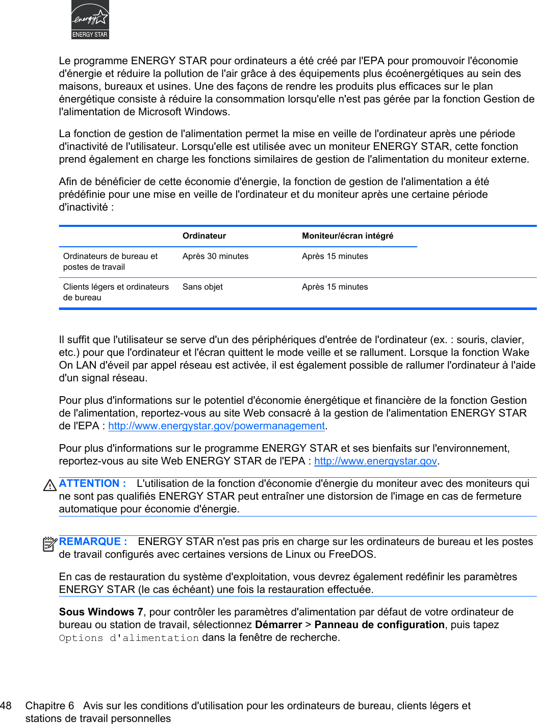 Le programme ENERGY STAR pour ordinateurs a été créé par l&apos;EPA pour promouvoir l&apos;économied&apos;énergie et réduire la pollution de l&apos;air grâce à des équipements plus écoénergétiques au sein desmaisons, bureaux et usines. Une des façons de rendre les produits plus efficaces sur le planénergétique consiste à réduire la consommation lorsqu&apos;elle n&apos;est pas gérée par la fonction Gestion del&apos;alimentation de Microsoft Windows.La fonction de gestion de l&apos;alimentation permet la mise en veille de l&apos;ordinateur après une périoded&apos;inactivité de l&apos;utilisateur. Lorsqu&apos;elle est utilisée avec un moniteur ENERGY STAR, cette fonctionprend également en charge les fonctions similaires de gestion de l&apos;alimentation du moniteur externe.Afin de bénéficier de cette économie d&apos;énergie, la fonction de gestion de l&apos;alimentation a étéprédéfinie pour une mise en veille de l&apos;ordinateur et du moniteur après une certaine périoded&apos;inactivité : Ordinateur Moniteur/écran intégréOrdinateurs de bureau etpostes de travailAprès 30 minutes Après 15 minutes  Clients légers et ordinateursde bureauSans objet Après 15 minutesIl suffit que l&apos;utilisateur se serve d&apos;un des périphériques d&apos;entrée de l&apos;ordinateur (ex. : souris, clavier,etc.) pour que l&apos;ordinateur et l&apos;écran quittent le mode veille et se rallument. Lorsque la fonction WakeOn LAN d&apos;éveil par appel réseau est activée, il est également possible de rallumer l&apos;ordinateur à l&apos;aided&apos;un signal réseau.Pour plus d&apos;informations sur le potentiel d&apos;économie énergétique et financière de la fonction Gestionde l&apos;alimentation, reportez-vous au site Web consacré à la gestion de l&apos;alimentation ENERGY STARde l&apos;EPA : http://www.energystar.gov/powermanagement.Pour plus d&apos;informations sur le programme ENERGY STAR et ses bienfaits sur l&apos;environnement,reportez-vous au site Web ENERGY STAR de l&apos;EPA : http://www.energystar.gov.ATTENTION : L&apos;utilisation de la fonction d&apos;économie d&apos;énergie du moniteur avec des moniteurs quine sont pas qualifiés ENERGY STAR peut entraîner une distorsion de l&apos;image en cas de fermetureautomatique pour économie d&apos;énergie.REMARQUE : ENERGY STAR n&apos;est pas pris en charge sur les ordinateurs de bureau et les postesde travail configurés avec certaines versions de Linux ou FreeDOS.En cas de restauration du système d&apos;exploitation, vous devrez également redéfinir les paramètresENERGY STAR (le cas échéant) une fois la restauration effectuée.Sous Windows 7, pour contrôler les paramètres d&apos;alimentation par défaut de votre ordinateur debureau ou station de travail, sélectionnez Démarrer &gt; Panneau de configuration, puis tapezOptions d&apos;alimentation dans la fenêtre de recherche.48 Chapitre 6   Avis sur les conditions d&apos;utilisation pour les ordinateurs de bureau, clients légers etstations de travail personnelles
