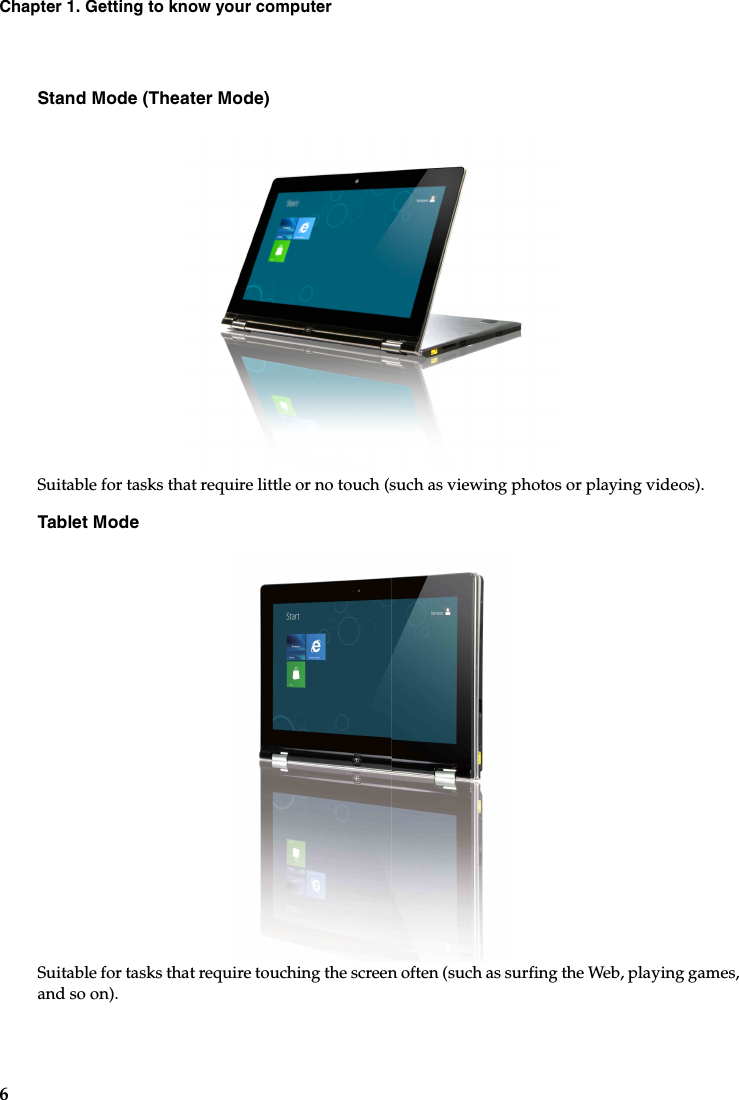 6Chapter 1. Getting to know your computerStand Mode (Theater Mode)Suitable for tasks that require little or no touch (such as viewing photos or playing videos).Tablet ModeSuitable for tasks that require touching the screen often (such as surfing the Web, playing games, and so on).