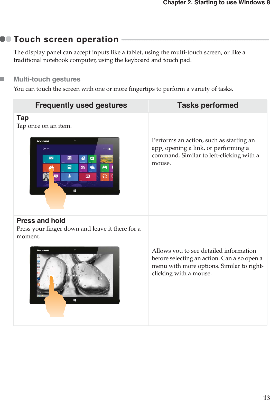 Chapter 2. Starting to use Windows 813Touch screen operation  - - - - - - - - - - - - - - - - - - - - - - - - - - - - - - - - - - - - - - - - - - - - - - - - - - - - - - - - - - - - - - - - - - - - - - - - - - - - - - - - - - - -The display panel can accept inputs like a tablet, using the multi-touch screen, or like a traditional notebook computer, using the keyboard and touch pad.Multi-touch gesturesYou can touch the screen with one or more fingertips to perform a variety of tasks.Frequently used gestures Tasks performedTapTap once on an item.Performs an action, such as starting an app, opening a link, or performing a command. Similar to left-clicking with a mouse.Press and holdPress your finger down and leave it there for a moment.Allows you to see detailed information before selecting an action. Can also open a menu with more options. Similar to right-clicking with a mouse.