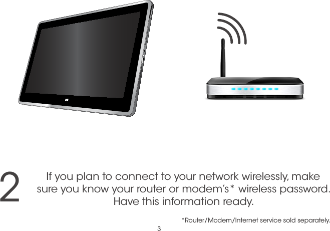 32If you plan to connect to your network wirelessly, make sure you know your router or modem’s* wireless password. Have this information ready.*Router/Modem/Internet service sold separately.