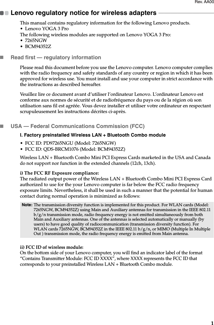 Page 1 of Broadcom BRCM1076 802.11a/b/g/n/ac WLAN + Bluetooth PCI-E Mini Card User Manual Regulatory Notice