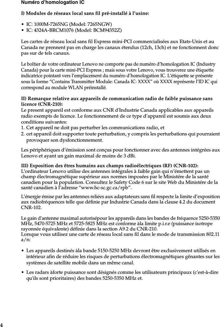 Page 4 of Broadcom BRCM1076 802.11a/b/g/n/ac WLAN + Bluetooth PCI-E Mini Card User Manual Regulatory Notice