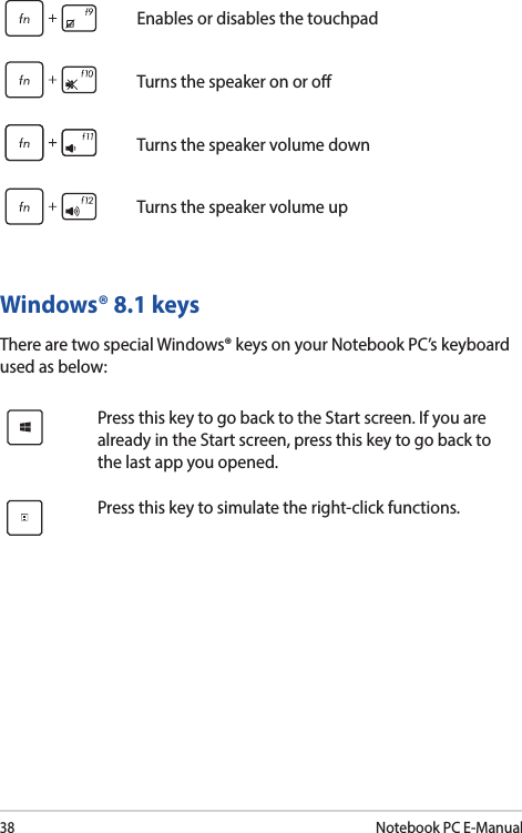 38Notebook PC E-ManualEnables or disables the touchpadTurns the speaker on or oTurns the speaker volume downTurns the speaker volume upWindows® 8.1 keysThere are two special Windows® keys on your Notebook PC’s keyboard used as below:Press this key to go back to the Start screen. If you are already in the Start screen, press this key to go back to the last app you opened.Press this key to simulate the right-click functions.