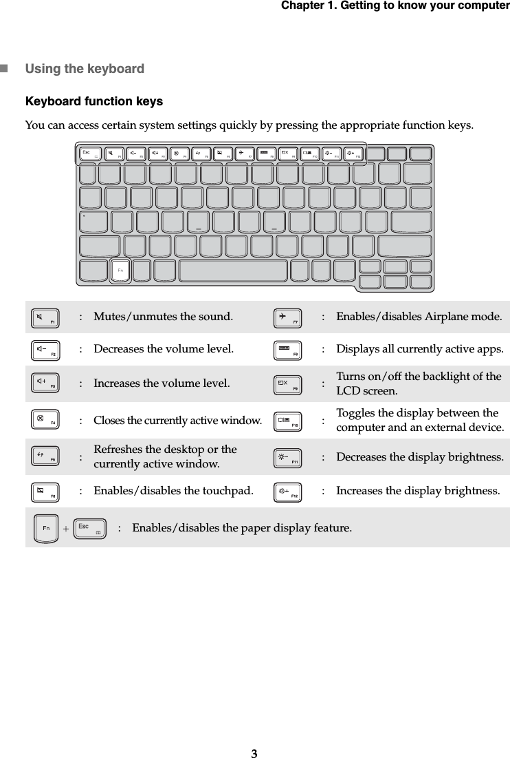 Chapter 1. Getting to know your computer3Using the keyboardKeyboard function keysYou can access certain system settings quickly by pressing the appropriate function keys.:Mutes/unmutes the sound. :Enables/disables Airplane mode.: Decreases the volume level. : Displays all currently active apps.:Increases the volume level. :Turns on/off the backlight of the LCD screen.:Closes the currently active window.:Toggles the display between the computer and an external device.:Refreshes the desktop or the currently active window. :Decreases the display brightness.: Enables/disables the touchpad. : Increases the display brightness.  : Enables/disables the paper display feature.