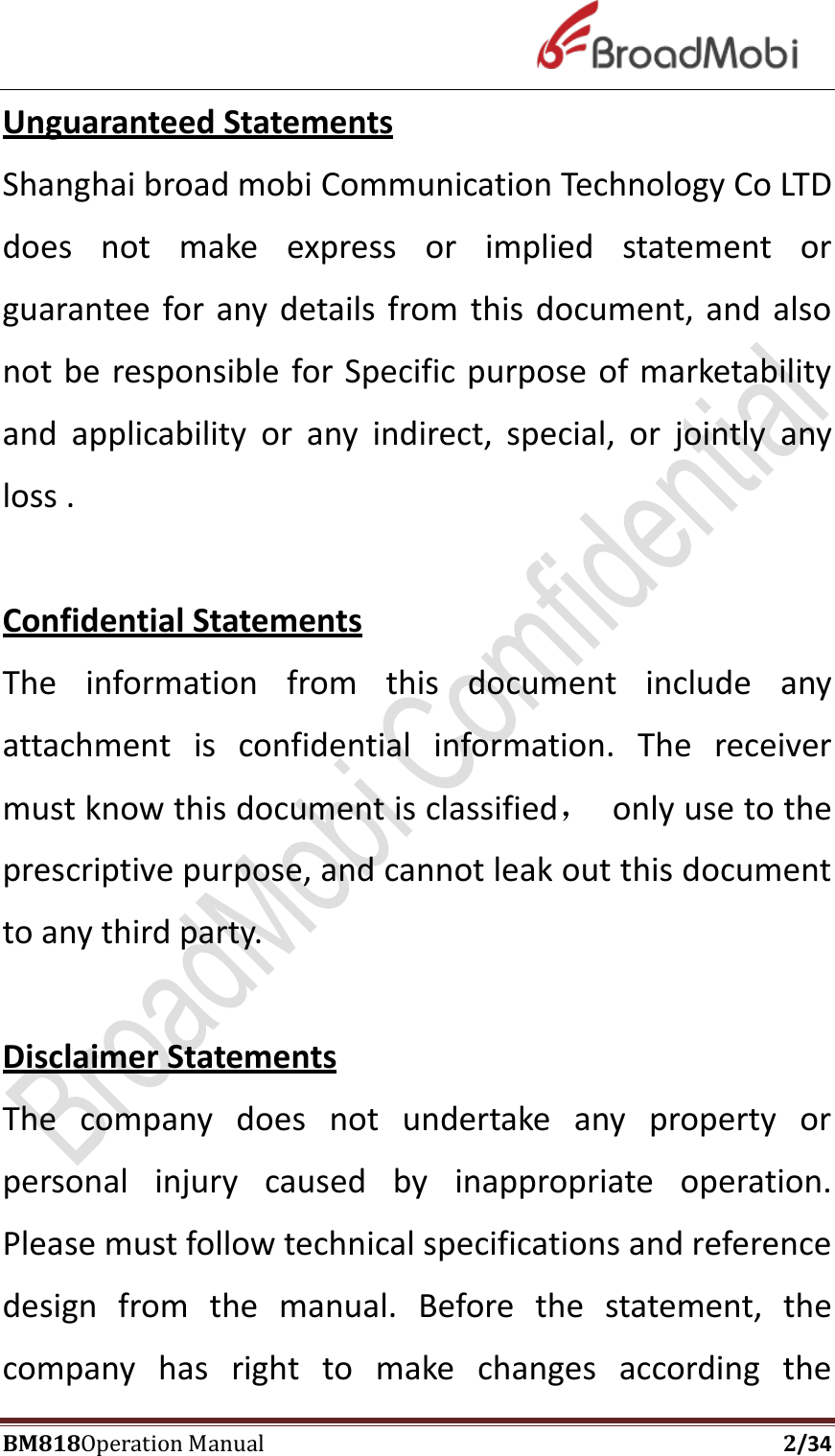Page 2 of Broadmobi Communication Technology BM818 LTE Wireless Module User Manual BM818 Coperation manual V1 4