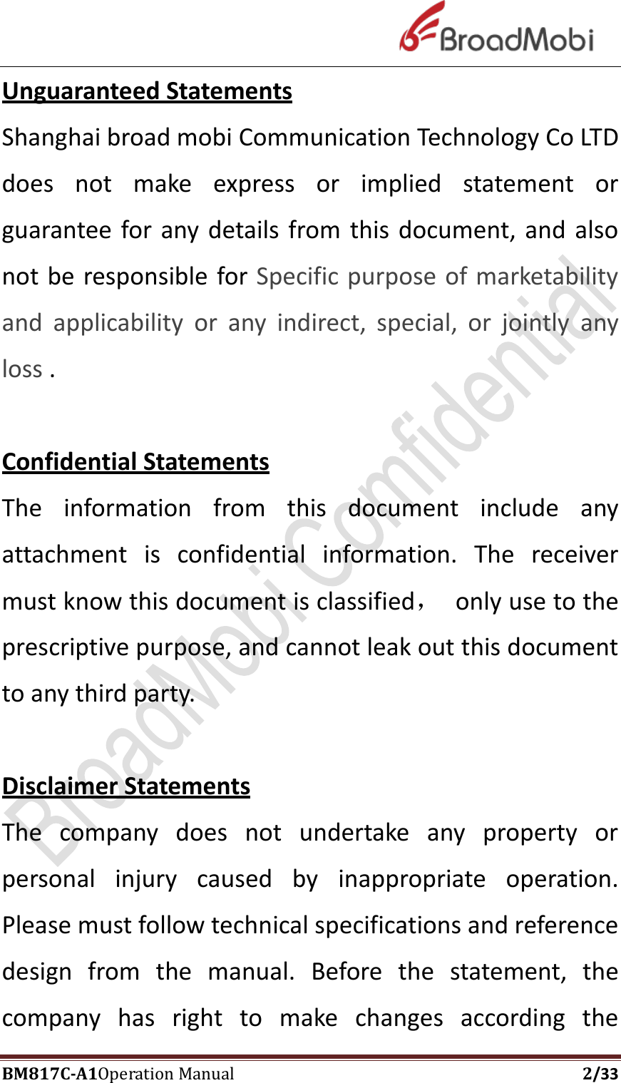 Page 2 of Broadmobi communication Technology LTd BM817C LTE Wireless Module User Manual BM817C  V1 1