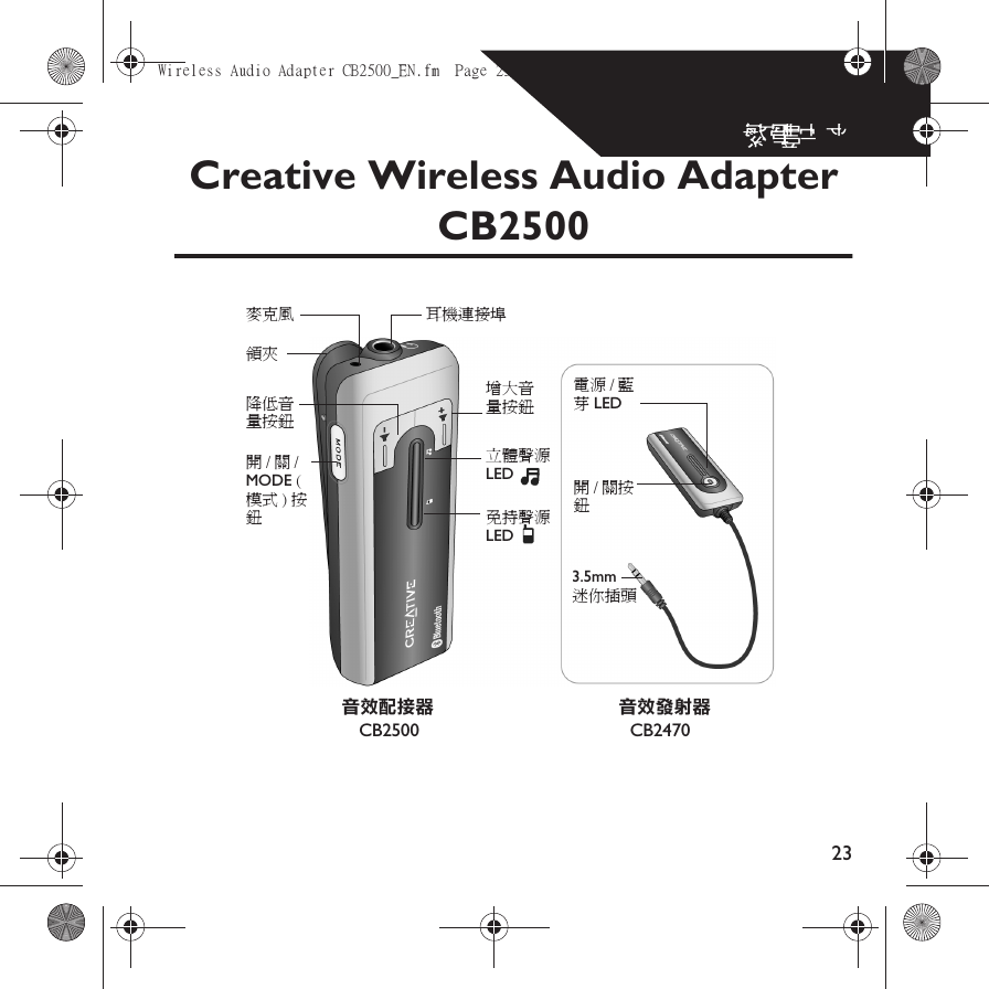 23󰁐Creative Wireless Audio Adapter CB2500      音效發射器󰃰LED LED  LED3.5mmMODE     音效配接器CB2500 CB2470