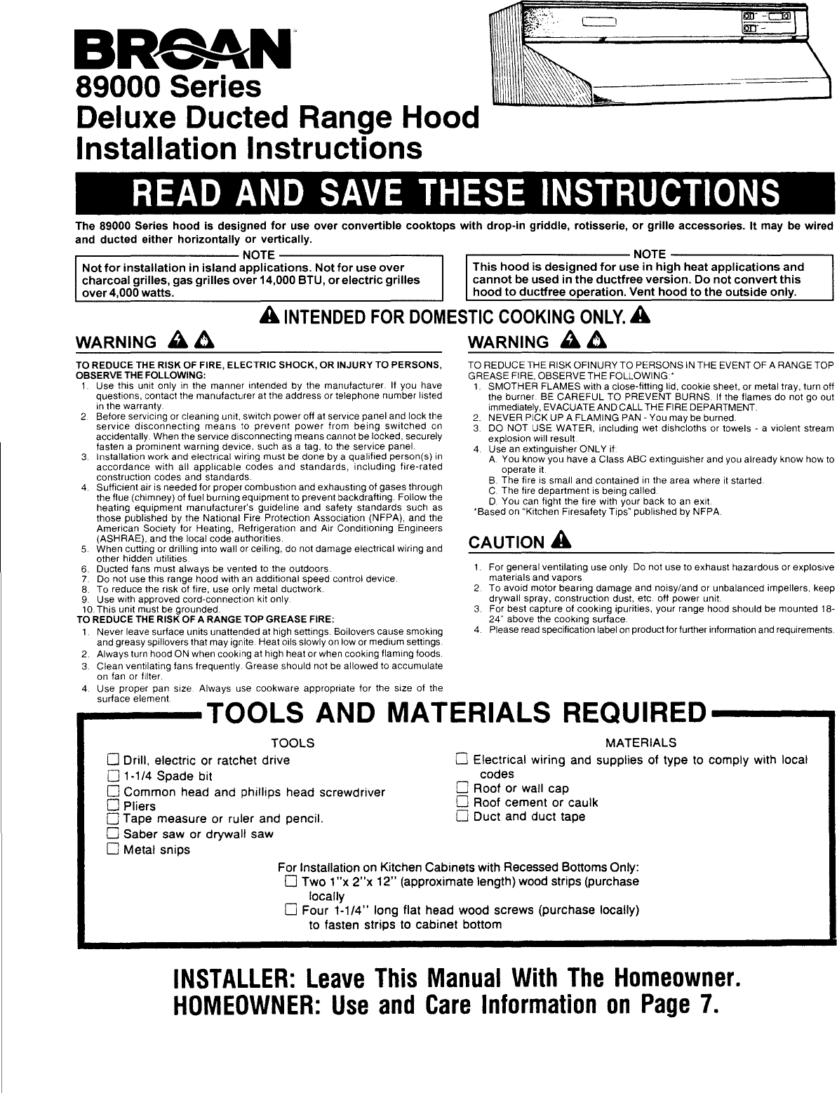 Page 1 of 8 - Broan 893001 User Manual  RANGE HOOD - Manuals And Guides L1002110