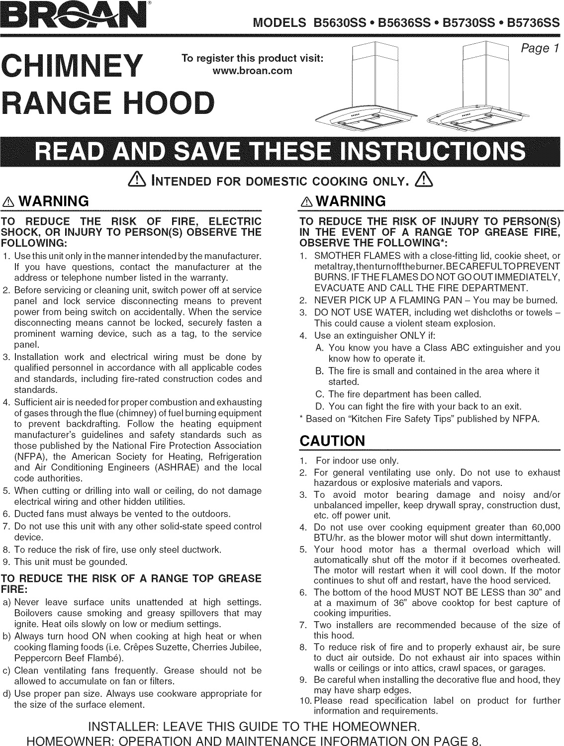 Broan B5630SS User Manual RANGE HOOD Manuals And Guides 1505417L