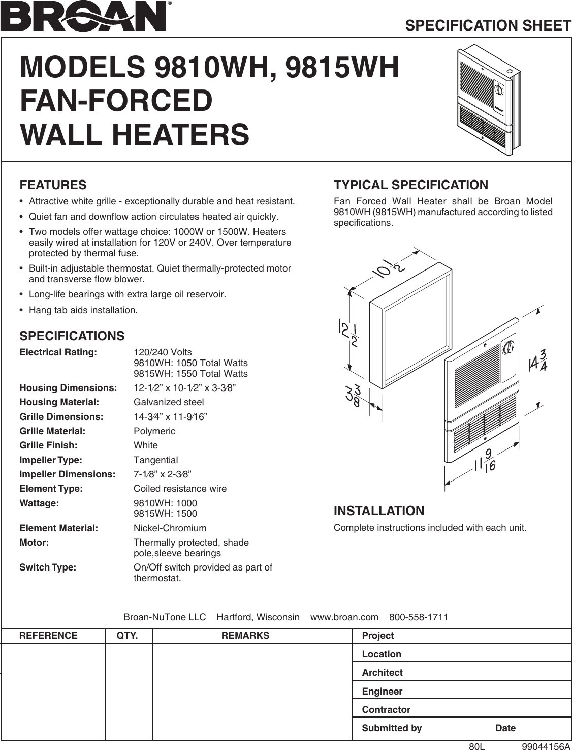 Page 1 of 1 - Broan Broan-Fan-Forced-Wall-Heaters-s9810Wh-Users-Manual-  Broan-fan-forced-wall-heaters-s9810wh-users-manual