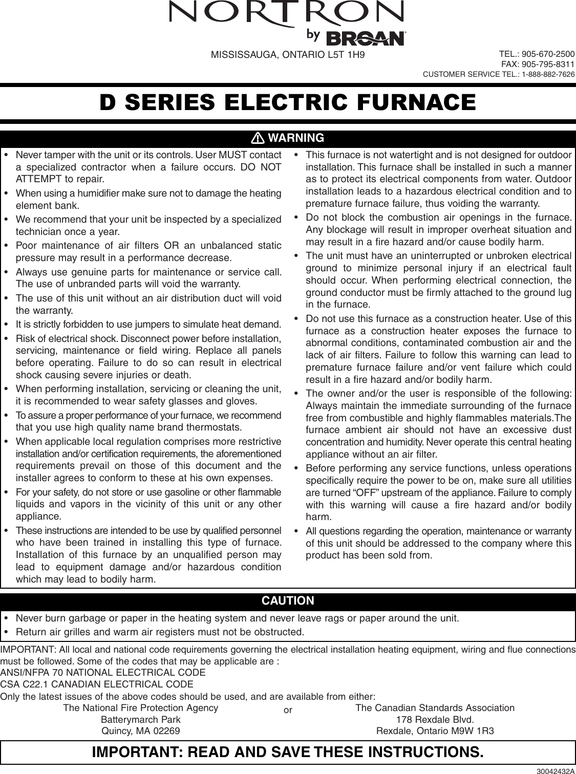 Page 1 of 10 - Broan Broan-Furnace-30042432A-Users-Manual- D Series Nortron Electric Furnaces Installation Manual (30042432A)  Broan-furnace-30042432a-users-manual