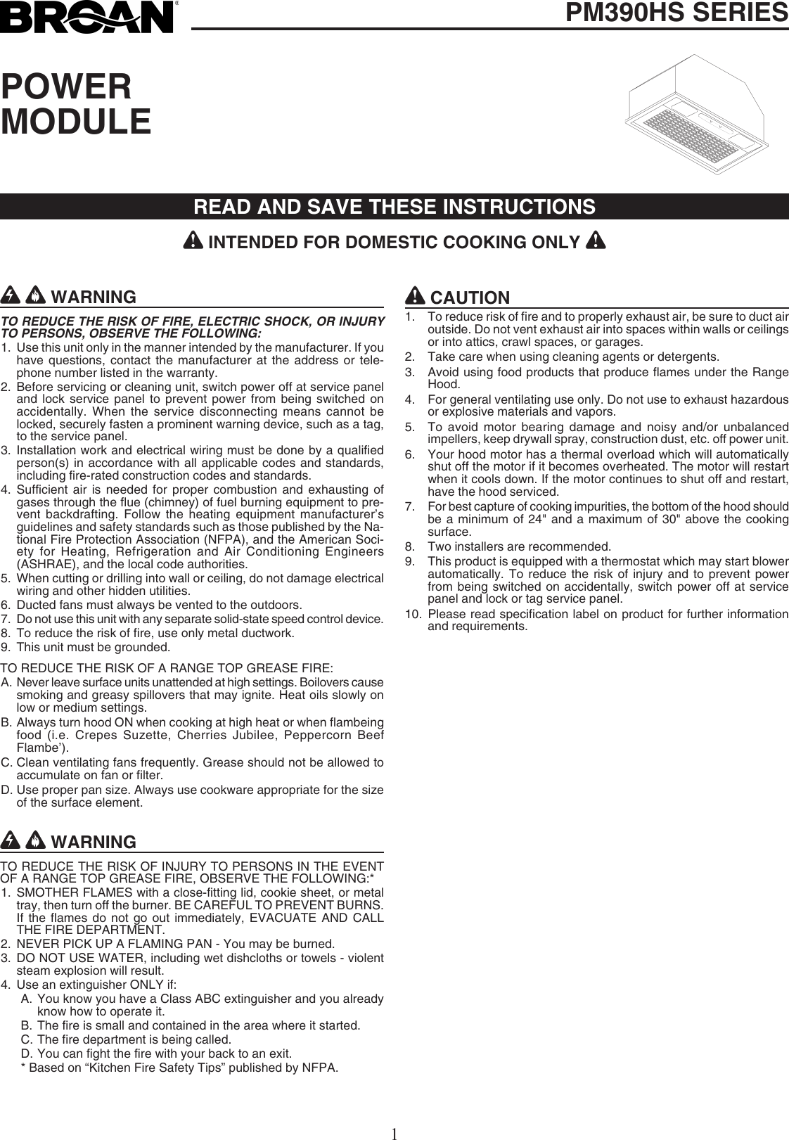 Page 1 of 8 - Broan Broan-Pm390Hs-Users-Manual- PM390HSGuide  Broan-pm390hs-users-manual