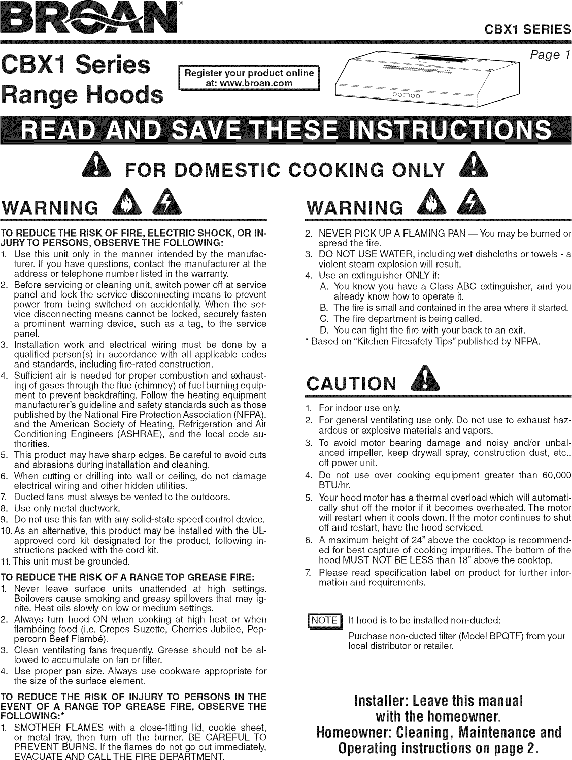 Broan CBX130SS User Manual RANGE HOOD Manuals And Guides 1508072L