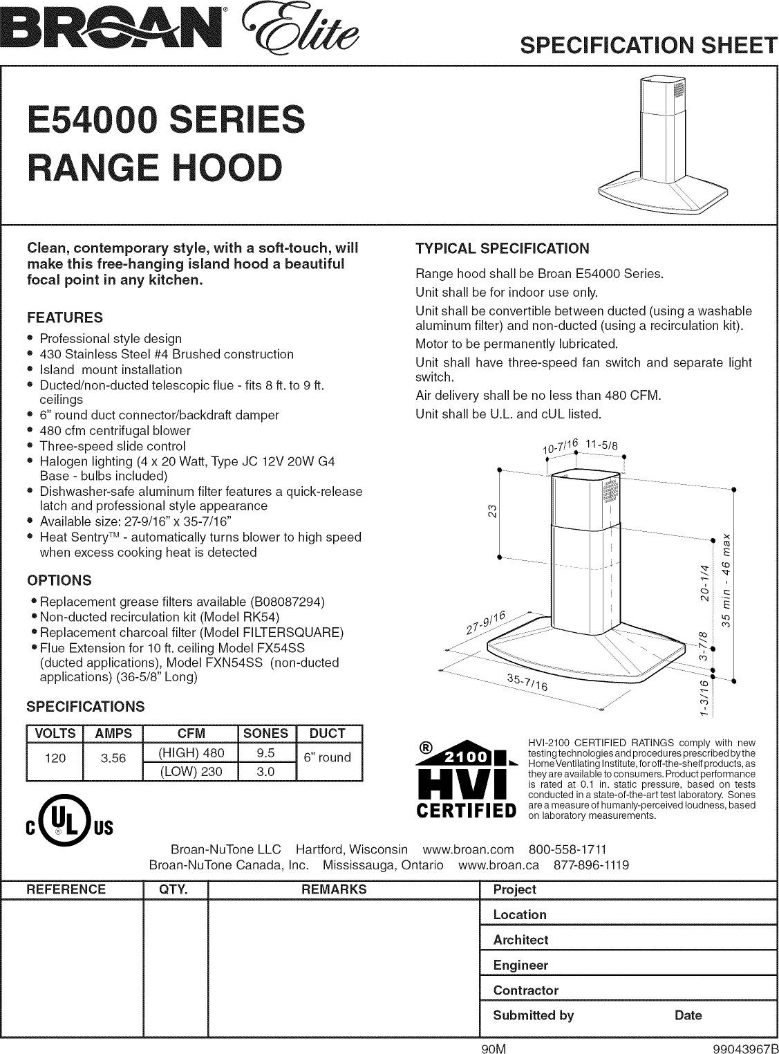 Page 1 of 2 - Broan E5490SS User Manual  RANGE HOOD - Manuals And Guides L1005353