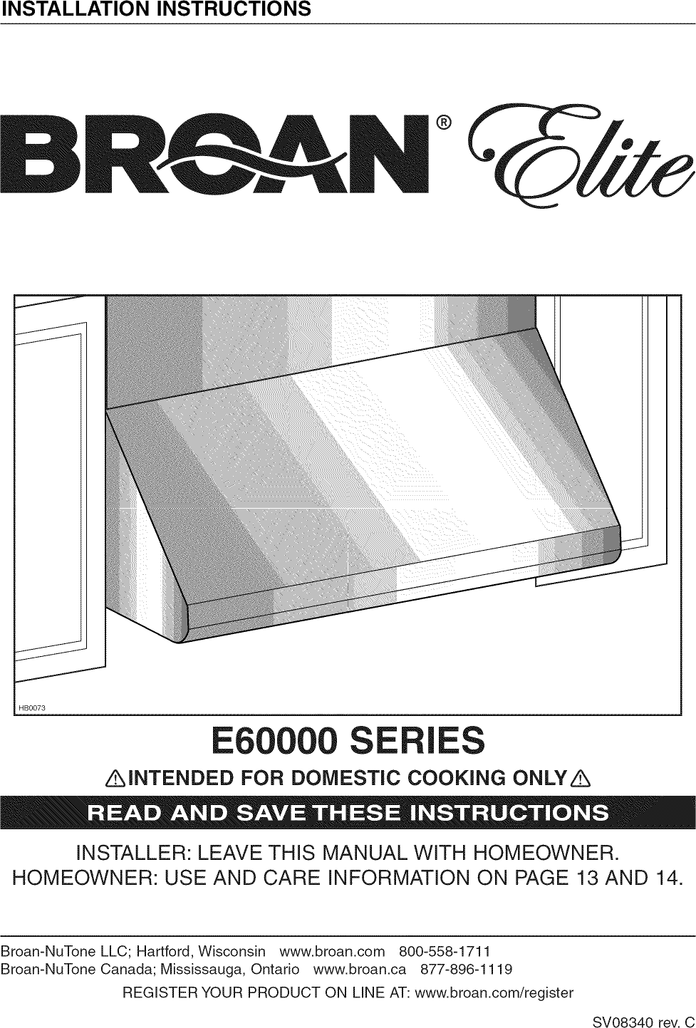 Broan E6048TSS User Manual RANGE HOOD Manuals And Guides 1110210L