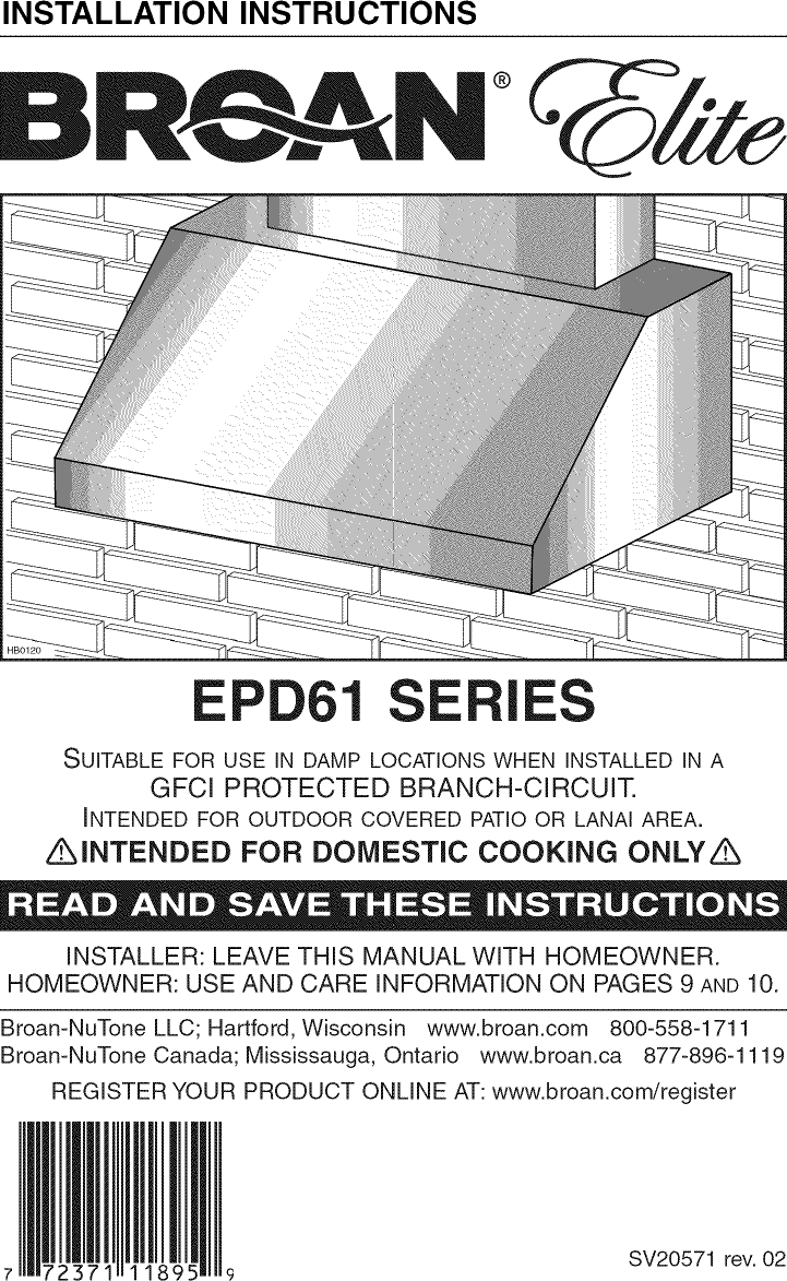Broan EPD6136SS User Manual RANGE HOOD Manuals And Guides 1309344L