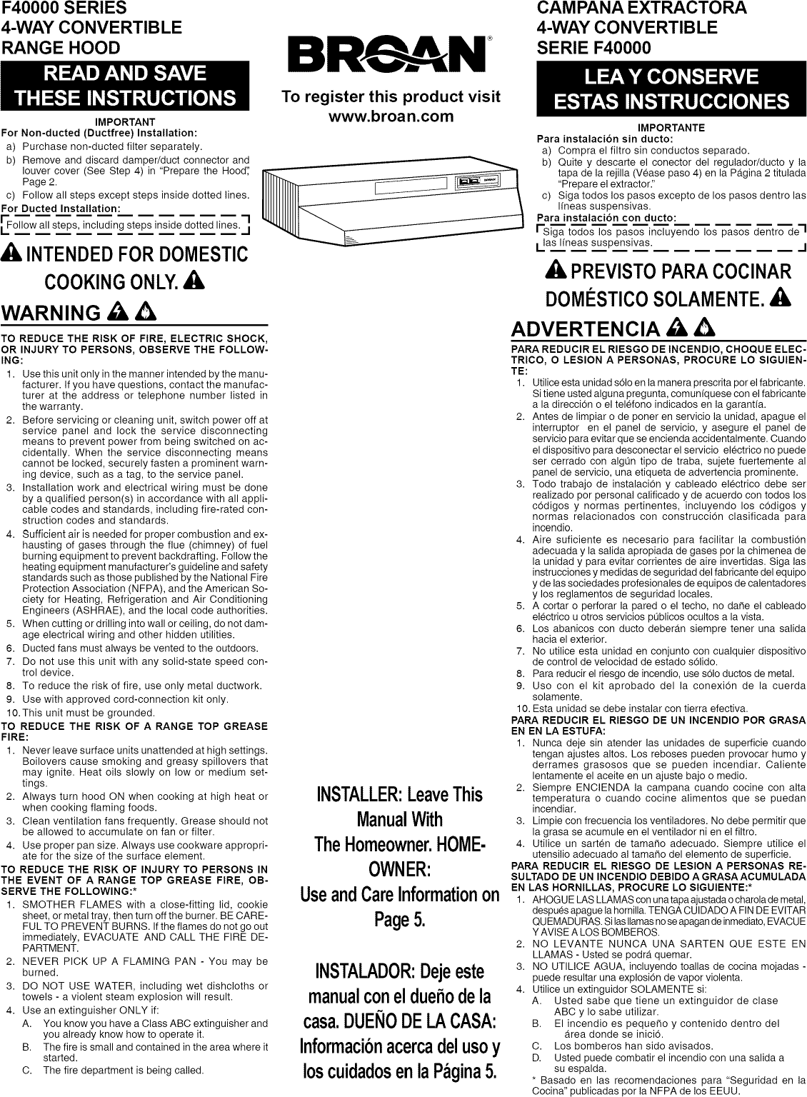 Page 1 of 8 - Broan F402404 User Manual  RANGE HOOD - Manuals And Guides L1004002