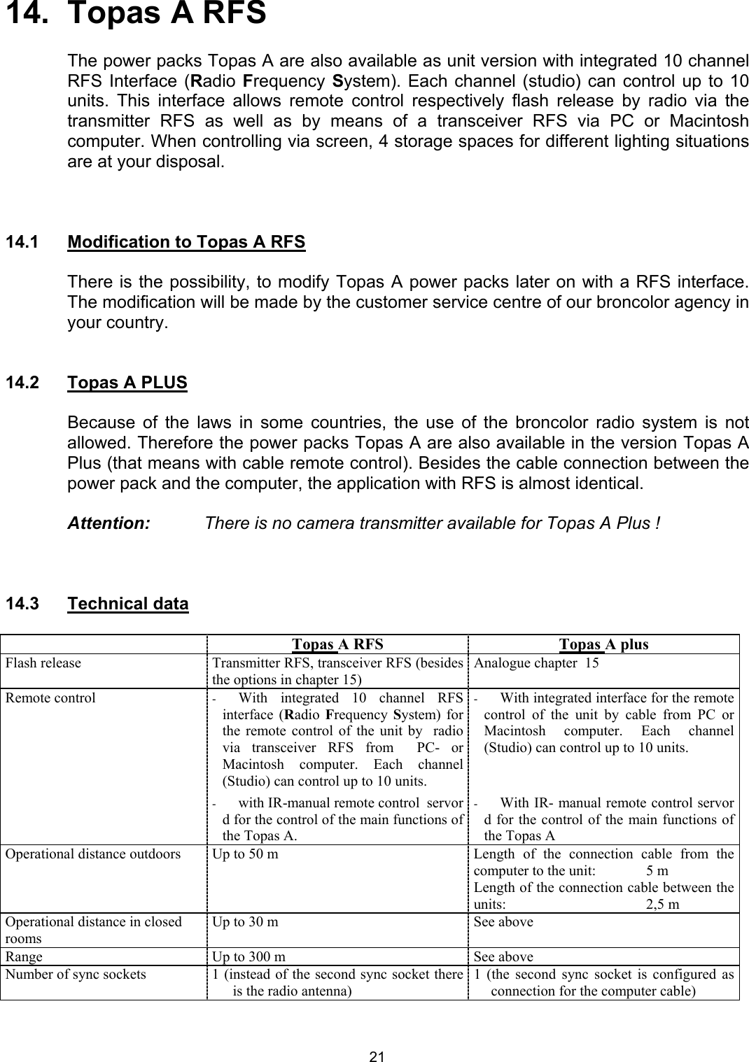  14.  Topas A RFS  The power packs Topas A are also available as unit version with integrated 10 channel RFS Interface (Radio  Frequency  System). Each channel (studio) can control up to 10 units. This interface allows remote control respectively flash release by radio via the transmitter RFS as well as by means of a transceiver RFS via PC or Macintosh computer. When controlling via screen, 4 storage spaces for different lighting situations are at your disposal.        14.1   Modification to Topas A RFS  There is the possibility, to modify Topas A power packs later on with a RFS interface. The modification will be made by the customer service centre of our broncolor agency in your country.     14.2   Topas A PLUS    Because of the laws in some countries, the use of the broncolor radio system is not allowed. Therefore the power packs Topas A are also available in the version Topas A Plus (that means with cable remote control). Besides the cable connection between the power pack and the computer, the application with RFS is almost identical.   Attention:           There is no camera transmitter available for Topas A Plus !    14.3 Technical data   Topas A RFS  Topas A plus Flash release   Transmitter RFS, transceiver RFS (besides the options in chapter 15) Analogue chapter  15 Remote control  -  With integrated 10 channel RFS interface (Radio  Frequency  System) for the remote control of the unit by  radio via transceiver RFS from  PC- or Macintosh computer. Each channel (Studio) can control up to 10 units. -  with IR-manual remote control  servor d for the control of the main functions of the Topas A.  -  With integrated interface for the remote control of the unit by cable from PC or Macintosh computer. Each channel (Studio) can control up to 10 units.   -  With IR- manual remote control servor d for the control of the main functions of the Topas A Operational distance outdoors  Up to 50 m  Length  of  the  connection  cable  from  the computer to the unit:  5 m Length of the connection cable between the units:   2,5 m Operational distance in closed rooms Up to 30 m  See above Range  Up to 300 m  See above Number of sync sockets  1 (instead of the second sync socket there is the radio antenna)  1 (the second sync socket is configured as connection for the computer cable)  21 