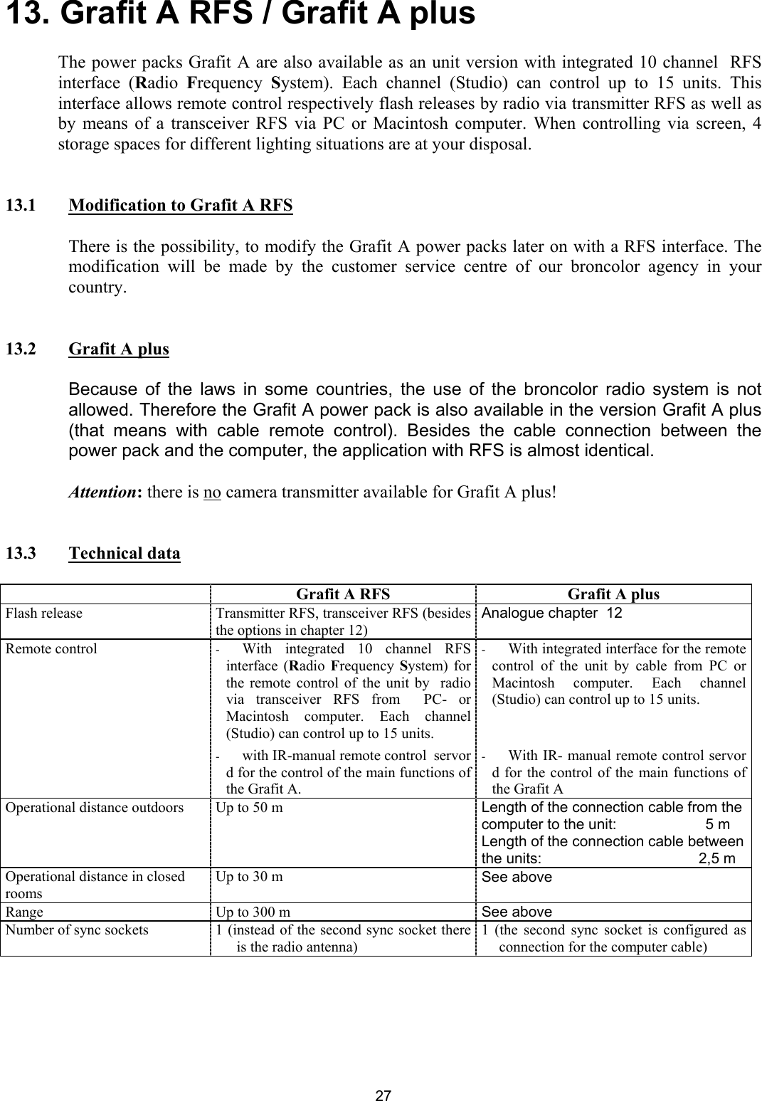 13. Grafit A RFS / Grafit A plus The power packs Grafit A are also available as an unit version with integrated 10 channel  RFS interface (Radio  Frequency  System). Each channel (Studio) can control up to 15 units. This face allows remote control respectively flash releases by radio via transmitter RFS as well as    PC or Macintosh compu en controlling via screen, 4 or different  ns are at your disp 13.1   Modification to Grafit A  interby means of a transceiver RFS via ter. Whstorage spaces f lighting situatio osal.    RFS    There is the possibility, to er pack face. The modification will be mad  in your try.    modify the Grafit A pow s later on with a RFS intere by the customer service centre of our broncolor agencycoun 13.2   Grafit A plus  some countries, the use of the broncolor radio system is noallo Grafit A power pack is also available in the version Grafit A plusputer, the application with RFS is almost identical.   era transmitter available for Grafit A plus!   Grafit A RFS  Grafit A plus itter RFS, transceiver RFS (besides tions in chapter 12) Analogue chapter  12 Remote control  -  Winterthe r   radio via transceiver RFS from  PC- or Macintosh computer. Each channel (Stud-  w l rd forthe GMacintosh computer. Each channel (Studio) can control up to 15 units.  ith integrated 10 channel RFS face (Radio  Frequency  System) for emote control of the unit by-  With integrated interface for the remote control of the unit by cable from PC or io) can control up to 15 units.   ith IR-manua emote control  servor  -  With IR- manual remote control servor  the control of the main functions of rafit A.  d for the control of the main functions of the Grafit A 50 m  Length of the connection cable from the com 5 m puter to the unit:    Because of the laws in t wed. Therefore the   (that means with cable remote control). Besides the cable connection between the power pack and the comAttention: there is no cam 13.3 Technical data  Flash release   Transmthe opOperational distance outdoors  Up to Length of the connection cable between the units:   2,5 m Operational distance in closed oms Up to 30 m  See above roRange  Up to 300 m  See above Number of sync sockets  1 (instead of the second sync socket there is the radio antenna)  1 (the second sync socket is configured as connection for the computer cable)  27 