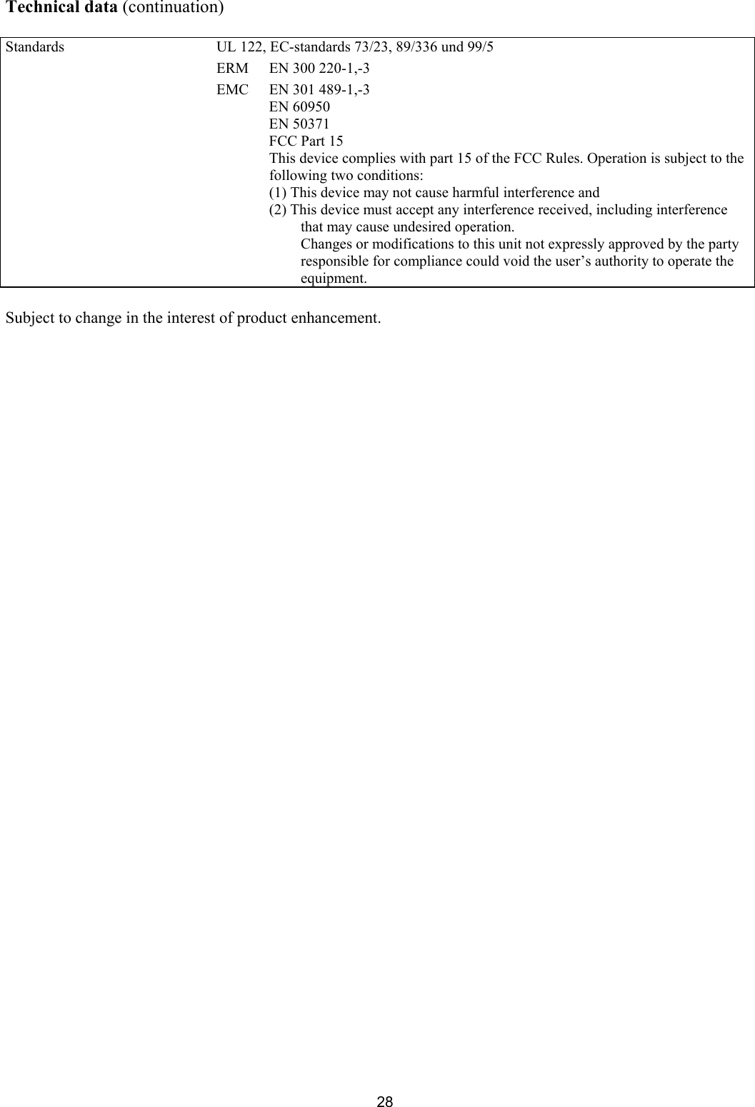 28 tandards  UL 122, EC-standards 73/23, 89/336 und 99/5 Rules. Operation is subject to the following two conditions: (1) This device may not cause harmful interference and is device must accept any interference received, including interference that may cause undesired operation. Technical data (continuation)  SERM  EN 300 220-1,-3 EMC  EN 301 489-1,-3  EN 60950  EN 50371   FCC Part 15 This device complies with part 15 of the FCC (2) ThChanges or modifications to this unit not expressly approved by the party responsible for compliance could void the user’s authority to operate the equipment.  ubject to change in the interest of product enhancement. S   