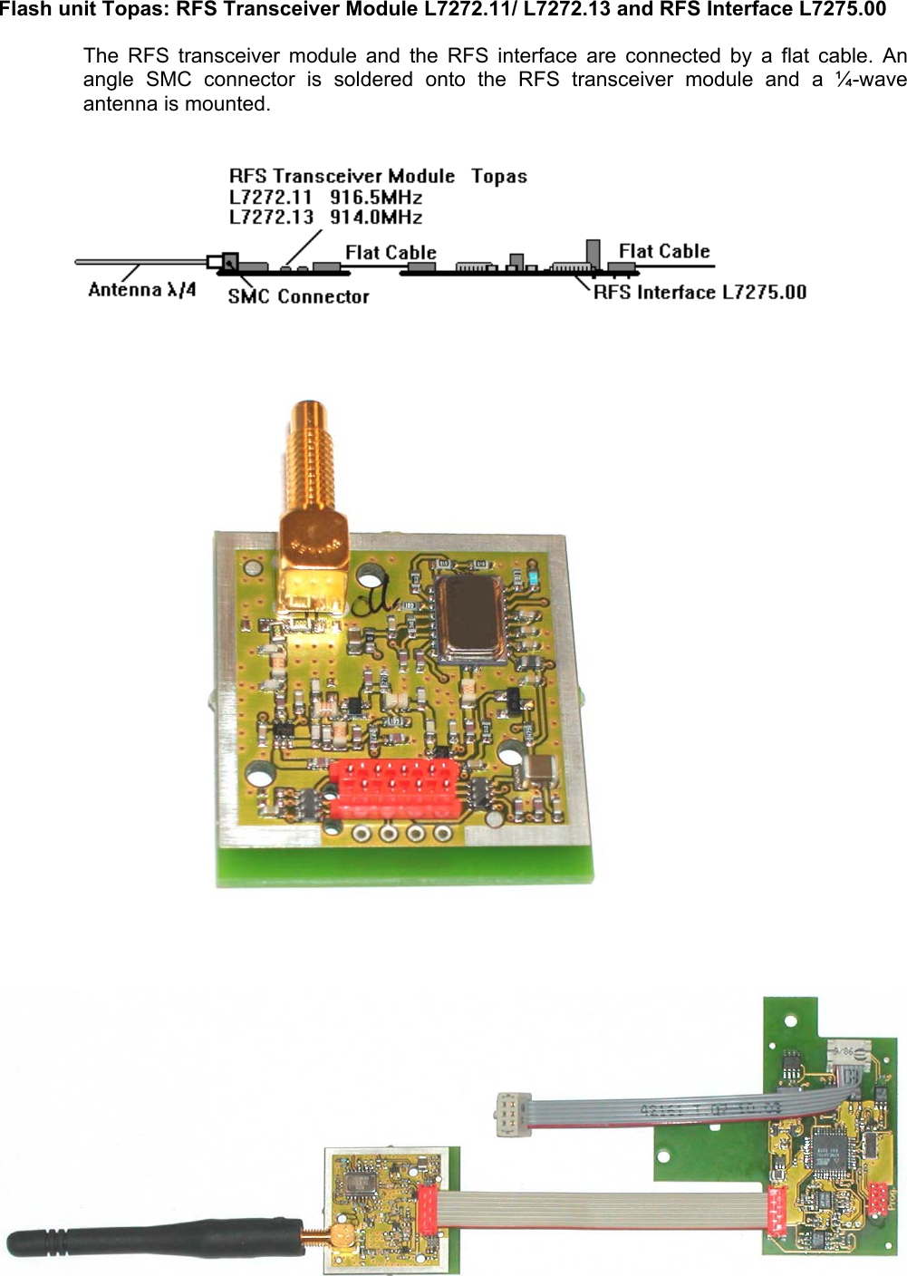 Flash unit Topas: RFS Transceiver Module L7272.11/ L7272.13 and RFS Interface L7275.00   The RFS transceiver module and the RFS interface are connected by a flat cable. An angle SMC connector is soldered onto the RFS transceiver module and a ¼-wave antenna is mounted.                            