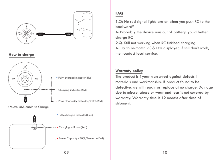 1.Q: No red signal lights are on when you push RC to the backward? A: Probably the device runs out of battery, you’d better charge RC2.Q: Still not working when RC finished chargingA: Try to re-match RC &amp; LED displayer, if still don’t work, then contact local service.FAQThe product is 1year warranted against defects in materials and workmanship. If product found to be defective, we will repair or replace at no charge. Damage due to misuse, abuse or wear and tear is not covered by warranty. Warranty time is 12 months after date of shipment.Warranty policyHow to charge Micro-USB cable to ChargeFully-charged indicator(Blue)Power Capacity indicator,&lt;30%(Red)Charging indicator(Red)Fully-charged indicator(Blue)Power Capacity&lt;30%/Power on(Red)Charging indicator(Red)09 10