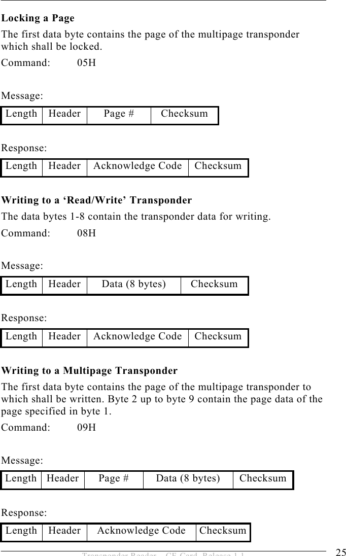 OPERATION 5 25 Transponder Reader – CF-Card, Release 1.1 Locking a Page The first data byte contains the page of the multipage transponder which shall be locked. Command: 05H  Message:  Length Header  Page #  Checksum  Response: Length Header  Acknowledge Code  Checksum Writing to a ‘Read/Write’ Transponder The data bytes 1-8 contain the transponder data for writing. Command: 08H  Message: Length Header  Data (8 bytes)  Checksum  Response: Length Header  Acknowledge Code  Checksum Writing to a Multipage Transponder The first data byte contains the page of the multipage transponder to which shall be written. Byte 2 up to byte 9 contain the page data of the page specified in byte 1. Command: 09H  Message: Length  Header  Page #  Data (8 bytes)  Checksum  Response: Length Header  Acknowledge Code  Checksum