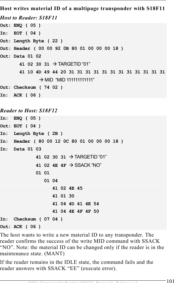 OPERATION 5  101 HF5x Transponder Reader (SECS1-Protocol), Release 1.4 Host writes material ID of a multipage transponder with S18F11  Host to Reader: S18F11 Out: ENQ ( 05 ) In:  EOT ( 04 ) Out: Length Byte ( 22 ) Out: Header ( 00 00 92 0B 80 01 00 00 00 18 ) Out: Data 01 02         41 02 30 31  TARGETID “01”        41 10 4D 49 44 20 31 31 31 31 31 31 31 31 31 31 31 31       MID  “MID 111111111111” Out: Checksum ( 74 02 ) In:  ACK ( 06 )    Reader to Host: S18F12 In:  ENQ ( 05 ) Out: EOT ( 04 ) In:  Length Byte ( 2B ) In:  Header ( 80 00 12 0C 80 01 00 00 00 18 ) In:  Data 01 03               41 02 30 31  TARGETID “01”              41 02 4E 4F  SSACK “NO”              01 01                   01 04                     41 02 4E 45                     41 01 30                     41 04 4D 41 4E 54                     41 04 4E 4F 4F 50 In:  Checksum ( 07 04 ) Out: ACK ( 06 )  The host wants to write a new material ID to any transponder. The reader confirms the success of the write MID command with SSACK “NO”. Note: the material ID can be changed only if the reader is in the maintenance state. (MANT) If the reader remains in the IDLE state, the command fails and the reader answers with SSACK “EE” (execute error). 