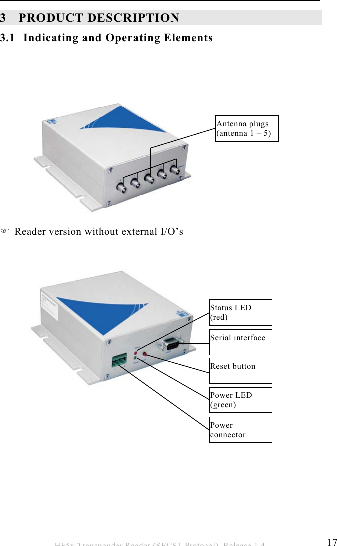 PRODUCT DESCRIPTION 3  17 HF5x Transponder Reader (SECS1-Protocol), Release 1.4 3 PRODUCT DESCRIPTION 3.1  Indicating and Operating Elements             Reader version without external I/O’s                  Antenna plugs (antenna 1 – 5) Power LED (green) Reset button Serial interface Status LED (red) Power connector 