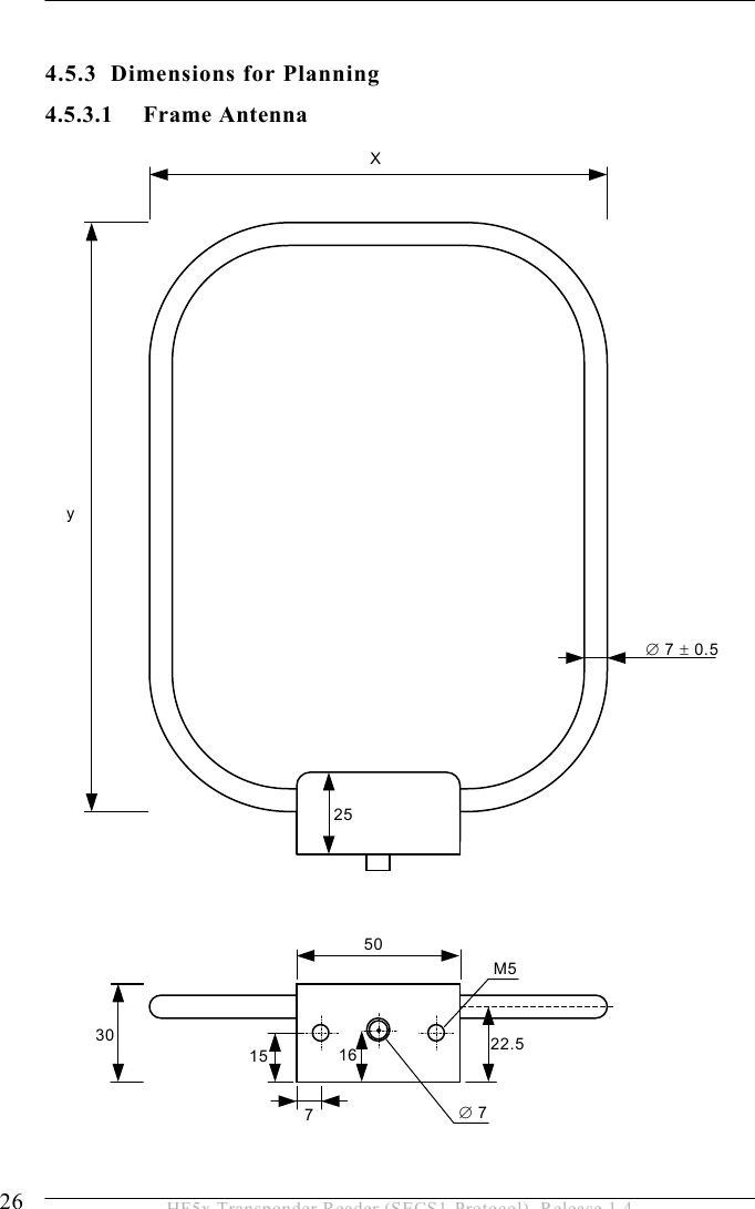 4 INSTALLATION 26  HF5x Transponder Reader (SECS1-Protocol), Release 1.4  4.5.3  Dimensions for Planning 4.5.3.1 Frame Antenna                      ∅7 ±0.5 Xy 255022.530 15 716M5∅7