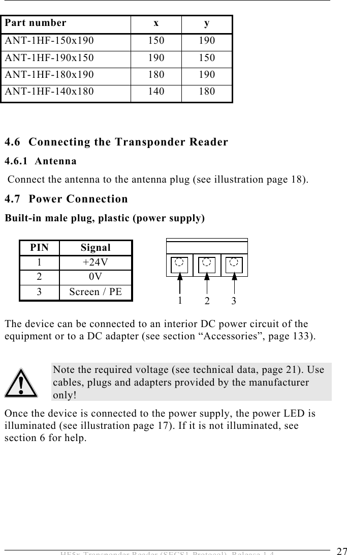 INSTALLATION 4  27 HF5x Transponder Reader (SECS1-Protocol), Release 1.4       4.6 Connecting the Transponder Reader 4.6.1 Antenna  Connect the antenna to the antenna plug (see illustration page 18). 4.7 Power Connection Built-in male plug, plastic (power supply)  PIN Signal1 +24V2 0V 3  Screen / PE          The device can be connected to an interior DC power circuit of the equipment or to a DC adapter (see section “Accessories”, page 133).  Note the required voltage (see technical data, page 21). Use cables, plugs and adapters provided by the manufacturer only! Once the device is connected to the power supply, the power LED is illuminated (see illustration page 17). If it is not illuminated, see section 6 for help.       Part number  x  y ANT-1HF-150x190 150 190 ANT-1HF-190x150 190 150 ANT-1HF-180x190 180 190 ANT-1HF-140x180 140 180 123