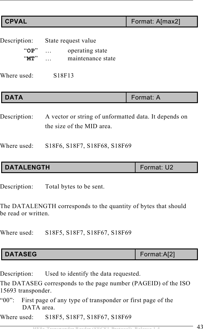 OPERATION 5  43 HF5x Transponder Reader (SECS1-Protocol), Release 1.4  CPVAL  Format: A[max2]  Description: State request value  “OP” …  operating state  “MT” …  maintenance state  Where used:  S18F13  DATA  Format: A  Description:  A vector or string of unformatted data. It depends on  the size of the MID area.   Where used:  S18F6, S18F7, S18F68, S18F69  DATALENGTH  Format: U2  Description:  Total bytes to be sent.  The DATALENGTH corresponds to the quantity of bytes that should be read or written.   Where used:  S18F5, S18F7, S18F67, S18F69  DATASEG  Format:A[2]  Description:  Used to identify the data requested. The DATASEG corresponds to the page number (PAGEID) of the ISO 15693 transponder. “00”:    First page of any type of transponder or first page of the DATA area. Where used:  S18F5, S18F7, S18F67, S18F69 