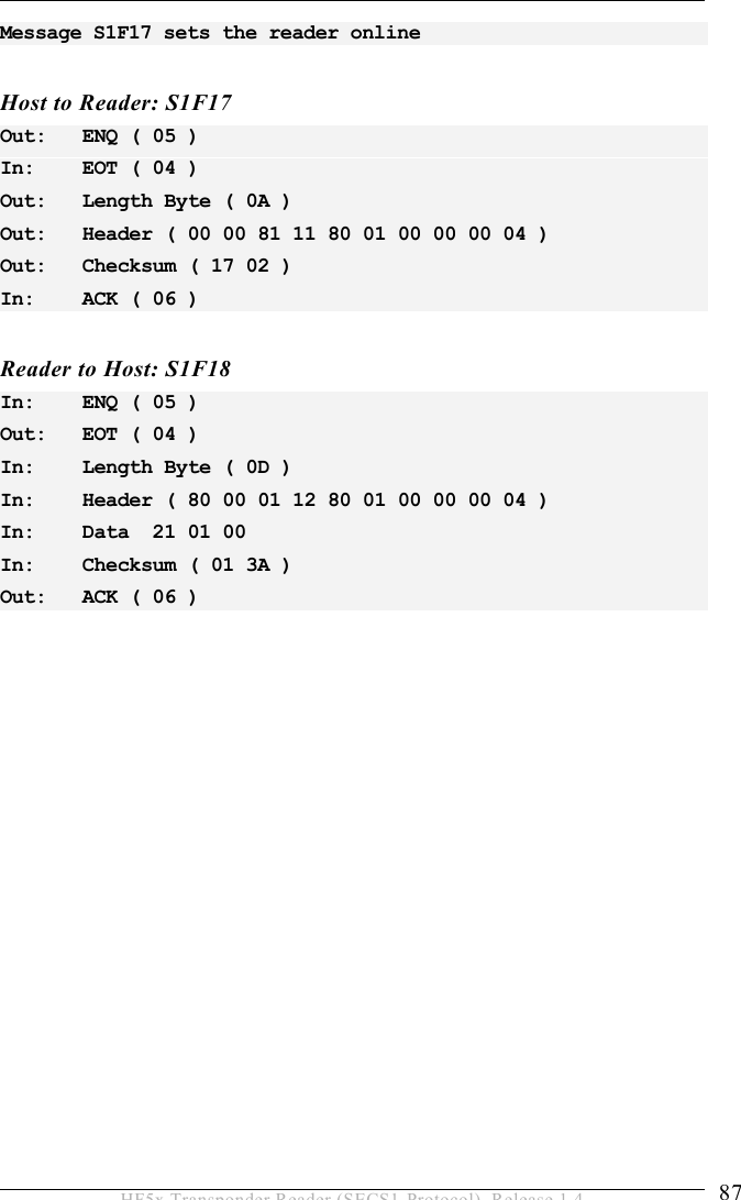 OPERATION 5  87 HF5x Transponder Reader (SECS1-Protocol), Release 1.4 Message S1F17 sets the reader online  Host to Reader: S1F17 Out:   ENQ ( 05 ) In:    EOT ( 04 ) Out:   Length Byte ( 0A ) Out:   Header ( 00 00 81 11 80 01 00 00 00 04 ) Out:   Checksum ( 17 02 ) In:    ACK ( 06 )  Reader to Host: S1F18 In:    ENQ ( 05 ) Out:   EOT ( 04 ) In:    Length Byte ( 0D ) In:    Header ( 80 00 01 12 80 01 00 00 00 04 ) In:    Data  21 01 00 In:    Checksum ( 01 3A ) Out:   ACK ( 06 )  