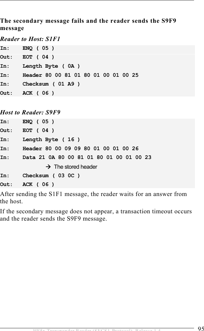 OPERATION 5  95 HF5x Transponder Reader (SECS1-Protocol), Release 1.4  The secondary message fails and the reader sends the S9F9 message Reader to Host: S1F1 In:   ENQ ( 05 ) Out:   EOT ( 04 ) In:   Length Byte ( 0A ) In:   Header 80 00 81 01 80 01 00 01 00 25  In:   Checksum ( 01 A9 ) Out:   ACK ( 06 )  Host to Reader: S9F9 In:   ENQ ( 05 ) Out:   EOT ( 04 ) In:   Length Byte ( 16 ) In:   Header 80 00 09 09 80 01 00 01 00 26 In:   Data 21 0A 80 00 81 01 80 01 00 01 00 23       The stored header In:   Checksum ( 03 0C ) Out:   ACK ( 06 ) After sending the S1F1 message, the reader waits for an answer from the host.  If the secondary message does not appear, a transaction timeout occurs and the reader sends the S9F9 message.  