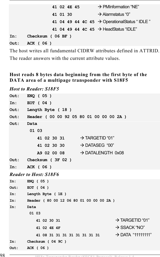 5 OPERATION 98  HF5x Transponder Reader (SECS1-Protocol), Release 1.4           41 02 4E 45    PMInformation “NE”           41 01 30      Alarmstatus “0”            41 04 49 44 4C 45   OperationalStatus “ IDLE ”            41 04 49 44 4C 45   HeadStatus “IDLE” In:   Checksum ( 06 BF ) Out:   ACK ( 06 ) The host writes all fundamental CIDRW attributes defined in ATTRID. The reader answers with the current attribute values.  Host reads 8 bytes data beginning from the first byte of the DATA area of a multipage transponder with S18F5 Host to Reader: S18F5 Out:   ENQ ( 05 ) In:   EOT ( 04 ) Out:   Length Byte ( 18 ) Out:   Header ( 00 00 92 05 80 01 00 00 00 2A ) Out:   Data  01 03      41 02 30 31    TARGETID “01”     41 02 30 30    DATASEG  “00”     A9 02 00 08   DATALENGTH  0x08 Out:   Checksum ( 3F 02 ) In:   ACK ( 06 ) Reader to Host: S18F6 In:   ENQ ( 05 ) Out:   EOT ( 04 ) In:   Length Byte ( 1E ) In:   Header ( 80 00 12 06 80 01 00 00 00 2A ) In:   Data  01 03      41 02 30 31        TARGETID “01”     41 02 4E 4F        SSACK “NO”     41 08 31 31 31 31 31 31 31 31   DATA  “11111111” In:   Checksum ( 04 9C ) Out:   ACK ( 06 ) 