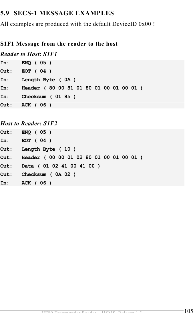 OPERATION 5  105 HF80 Transponder Reader – HSMS, Release 1.3 5.9 SECS-1 MESSAGE EXAMPLES All examples are produced with the default DeviceID 0x00 !  S1F1 Message from the reader to the host Reader to Host: S1F1 In:   ENQ ( 05 ) Out:   EOT ( 04 ) In:   Length Byte ( 0A ) In:   Header ( 80 00 81 01 80 01 00 01 00 01 ) In:   Checksum ( 01 85 ) Out:   ACK ( 06 )  Host to Reader: S1F2 Out:   ENQ ( 05 ) In:   EOT ( 04 ) Out:   Length Byte ( 10 ) Out:   Header ( 00 00 01 02 80 01 00 01 00 01 ) Out:   Data ( 01 02 41 00 41 00 ) Out:   Checksum ( 0A 02 ) In:   ACK ( 06 ) 
