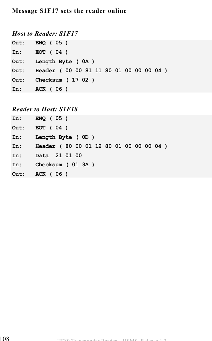 5 OPERATION 108  HF80 Transponder Reader – HSMS, Release 1.3 Message S1F17 sets the reader online  Host to Reader: S1F17 Out:   ENQ ( 05 ) In:    EOT ( 04 ) Out:   Length Byte ( 0A ) Out:   Header ( 00 00 81 11 80 01 00 00 00 04 ) Out:   Checksum ( 17 02 ) In:    ACK ( 06 )  Reader to Host: S1F18 In:    ENQ ( 05 ) Out:   EOT ( 04 ) In:    Length Byte ( 0D ) In:    Header ( 80 00 01 12 80 01 00 00 00 04 ) In:    Data  21 01 00 In:    Checksum ( 01 3A ) Out:   ACK ( 06 )  