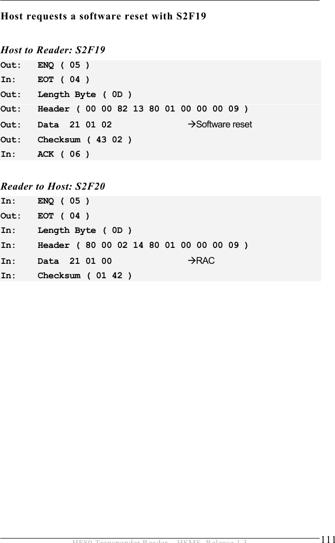 OPERATION 5  111 HF80 Transponder Reader – HSMS, Release 1.3 Host requests a software reset with S2F19   Host to Reader: S2F19 Out:   ENQ ( 05 ) In:    EOT ( 04 ) Out:   Length Byte ( 0D ) Out:   Header ( 00 00 82 13 80 01 00 00 00 09 ) Out:   Data  21 01 02     ÆSoftware reset Out:   Checksum ( 43 02 ) In:    ACK ( 06 )   Reader to Host: S2F20 In:    ENQ ( 05 ) Out:   EOT ( 04 ) In:    Length Byte ( 0D ) In:    Header ( 80 00 02 14 80 01 00 00 00 09 ) In:    Data  21 01 00     ÆRAC In:    Checksum ( 01 42 )   