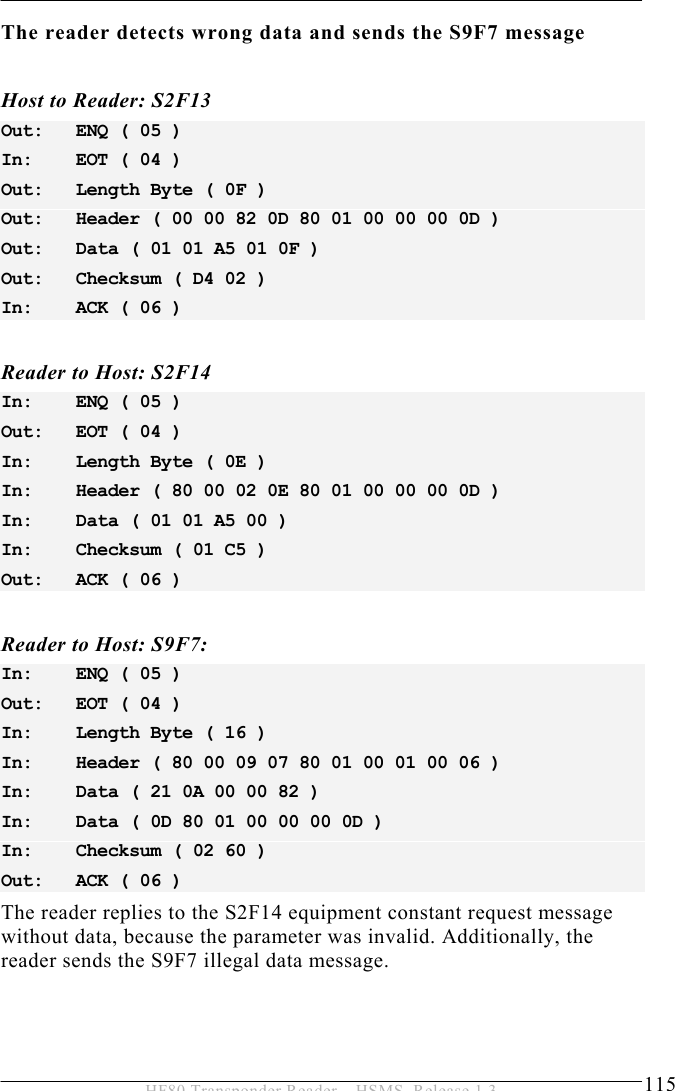 OPERATION 5  115 HF80 Transponder Reader – HSMS, Release 1.3 The reader detects wrong data and sends the S9F7 message   Host to Reader: S2F13 Out:   ENQ ( 05 ) In:    EOT ( 04 ) Out:   Length Byte ( 0F ) Out:   Header ( 00 00 82 0D 80 01 00 00 00 0D ) Out:   Data ( 01 01 A5 01 0F ) Out:   Checksum ( D4 02 ) In:    ACK ( 06 )  Reader to Host: S2F14 In:    ENQ ( 05 ) Out:   EOT ( 04 ) In:    Length Byte ( 0E ) In:    Header ( 80 00 02 0E 80 01 00 00 00 0D ) In:    Data ( 01 01 A5 00 ) In:    Checksum ( 01 C5 ) Out:   ACK ( 06 )  Reader to Host: S9F7: In:    ENQ ( 05 ) Out:   EOT ( 04 ) In:    Length Byte ( 16 ) In:    Header ( 80 00 09 07 80 01 00 01 00 06 ) In:    Data ( 21 0A 00 00 82 ) In:    Data ( 0D 80 01 00 00 00 0D ) In:    Checksum ( 02 60 ) Out:   ACK ( 06 ) The reader replies to the S2F14 equipment constant request message without data, because the parameter was invalid. Additionally, the reader sends the S9F7 illegal data message. 
