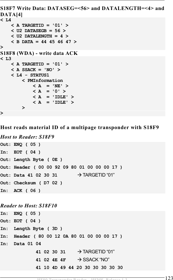 OPERATION 5  123 HF80 Transponder Reader – HSMS, Release 1.3 S18F7 Write Data: DATASEG=&lt;56&gt; and DATALENGTH=&lt;4&gt; and DATA[4] &lt; L4     &lt; A TARGETID = &apos;01&apos; &gt;     &lt; U2 DATASEGB = 56 &gt;     &lt; U2 DATALENGTH = 4 &gt;     &lt; B DATA = 44 45 46 47 &gt; &gt; S18F8 (WDA) - write data ACK &lt; L3     &lt; A TARGETID = &apos;01&apos; &gt;     &lt; A SSACK = &apos;NO&apos; &gt;     &lt; L4 - STATUS1         &lt; PMInformation             &lt; A  = &apos;NE&apos; &gt;             &lt; A  = &apos;0&apos; &gt;             &lt; A  = &apos;IDLE&apos; &gt;             &lt; A  = &apos;IDLE&apos; &gt;         &gt; &gt;  Host reads material ID of a multipage transponder with S18F9 Host to Reader: S18F9 Out: ENQ ( 05 ) In:  EOT ( 04 ) Out: Length Byte ( 0E ) Out: Header ( 00 00 92 09 80 01 00 00 00 17 ) Out: Data 41 02 30 31  Æ TARGETID “01” Out: Checksum ( D7 02 ) In:  ACK ( 06 )   Reader to Host: S18F10 In:  ENQ ( 05 ) Out: EOT ( 04 ) In:  Length Byte ( 3D ) In:  Header ( 80 00 12 0A 80 01 00 00 00 17 ) In:  Data 01 04               41 02 30 31    Æ TARGETID “01”              41 02 4E 4F   Æ SSACK “NO”              41 10 4D 49 44 20 30 30 30 30 30  