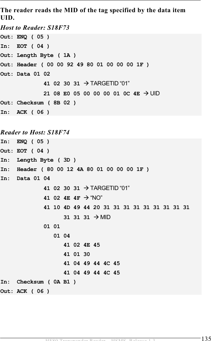 OPERATION 5  135 HF80 Transponder Reader – HSMS, Release 1.3 The reader reads the MID of the tag specified by the data item UID. Host to Reader: S18F73 Out: ENQ ( 05 ) In:  EOT ( 04 ) Out: Length Byte ( 1A ) Out: Header ( 00 00 92 49 80 01 00 00 00 1F ) Out: Data 01 02               41 02 30 31 Æ TARGETID “01”              21 08 E0 05 00 00 00 01 0C 4E Æ UID Out: Checksum ( 8B 02 ) In:  ACK ( 06 )  Reader to Host: S18F74 In:  ENQ ( 05 ) Out: EOT ( 04 ) In:  Length Byte ( 3D ) In:  Header ( 80 00 12 4A 80 01 00 00 00 1F ) In:  Data 01 04               41 02 30 31 Æ TARGETID “01”              41 02 4E 4F Æ “NO”              41 10 4D 49 44 20 31 31 31 31 31 31 31 31 31                    31 31 31 Æ MID              01 01                   01 04                     41 02 4E 45                     41 01 30                      41 04 49 44 4C 45                    41 04 49 44 4C 45  In:  Checksum ( 0A B1 ) Out: ACK ( 06 ) 