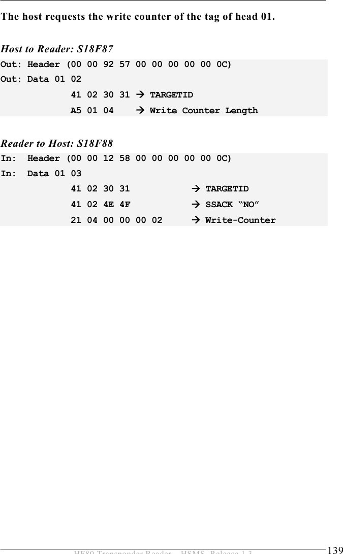 OPERATION 5  139 HF80 Transponder Reader – HSMS, Release 1.3 The host requests the write counter of the tag of head 01.  Host to Reader: S18F87 Out: Header (00 00 92 57 00 00 00 00 00 0C) Out: Data 01 02              41 02 30 31 Æ TARGETID              A5 01 04    Æ Write Counter Length  Reader to Host: S18F88 In:  Header (00 00 12 58 00 00 00 00 00 0C) In:  Data 01 03               41 02 30 31     Æ TARGETID              41 02 4E 4F    Æ SSACK “NO”              21 04 00 00 00 02  Æ Write-Counter 