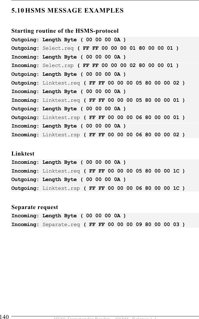 5 OPERATION 140  HF80 Transponder Reader – HSMS, Release 1.3 5.10 HSMS MESSAGE EXAMPLES  Starting routine of the HSMS-protocol  Outgoing: Length Byte ( 00 00 00 0A ) Outgoing: Select.req ( FF FF 00 00 00 01 80 00 00 01 ) Incoming: Length Byte ( 00 00 00 0A ) Incoming: Select.rsp ( FF FF 00 00 00 02 80 00 00 01 ) Outgoing: Length Byte ( 00 00 00 0A ) Outgoing: Linktest.req ( FF FF 00 00 00 05 80 00 00 02 ) Incoming: Length Byte ( 00 00 00 0A ) Incoming: Linktest.req ( FF FF 00 00 00 05 80 00 00 01 ) Outgoing: Length Byte ( 00 00 00 0A ) Outgoing: Linktest.rsp ( FF FF 00 00 00 06 80 00 00 01 ) Incoming: Length Byte ( 00 00 00 0A ) Incoming: Linktest.rsp ( FF FF 00 00 00 06 80 00 00 02 )  Linktest Incoming: Length Byte ( 00 00 00 0A ) Incoming: Linktest.req ( FF FF 00 00 00 05 80 00 00 1C ) Outgoing: Length Byte ( 00 00 00 0A ) Outgoing: Linktest.rsp ( FF FF 00 00 00 06 80 00 00 1C )  Separate request Incoming: Length Byte ( 00 00 00 0A ) Incoming: Separate.req ( FF FF 00 00 00 09 80 00 00 03 )     